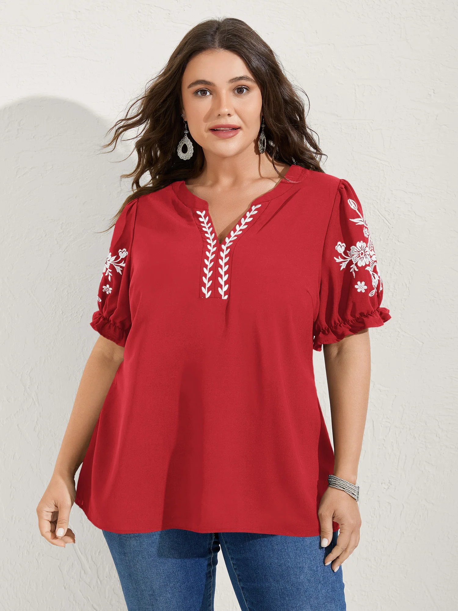 Notched Collar Embroidered Ruffled Blouse - Image 9