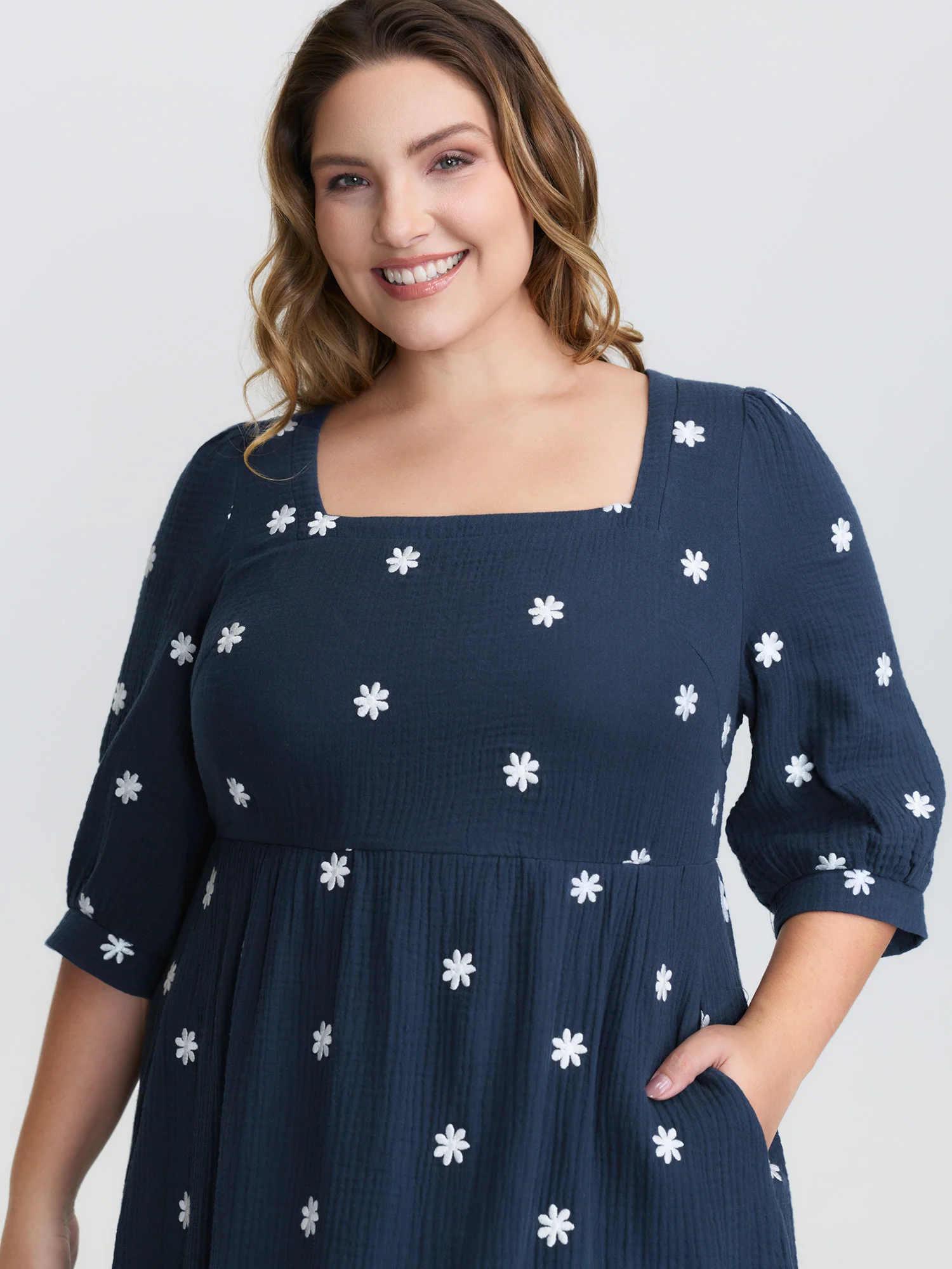 Pure Cotton Embroidered Square Neck Midi Dress - Image 2