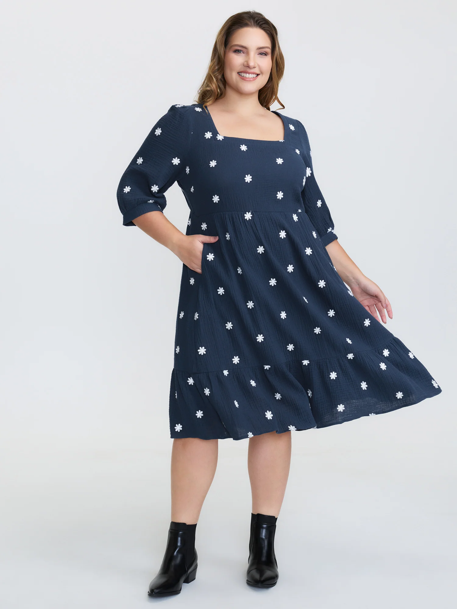 Pure Cotton Embroidered Square Neck Midi Dress - Image 4