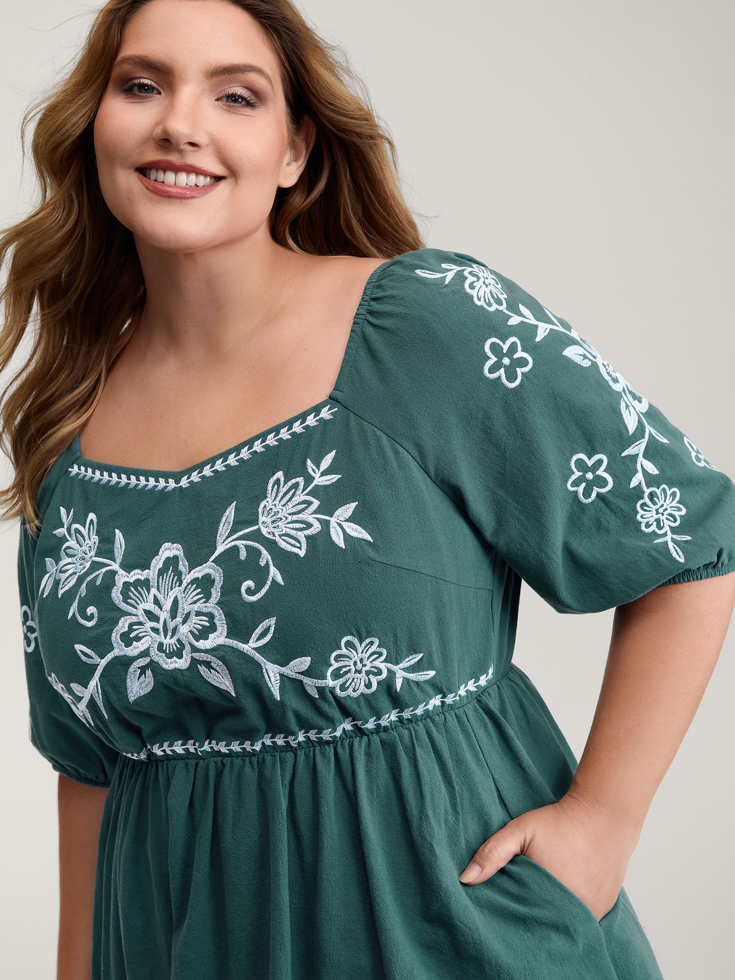 Pure Cotton Floral Embroidery Knee-Length Dress - Image 2