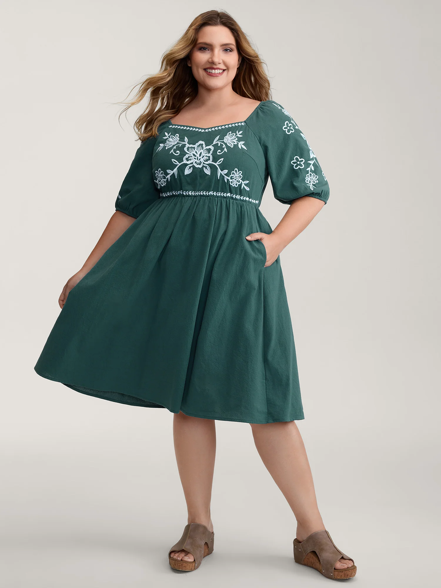 Pure Cotton Floral Embroidery Knee-Length Dress - Image 3