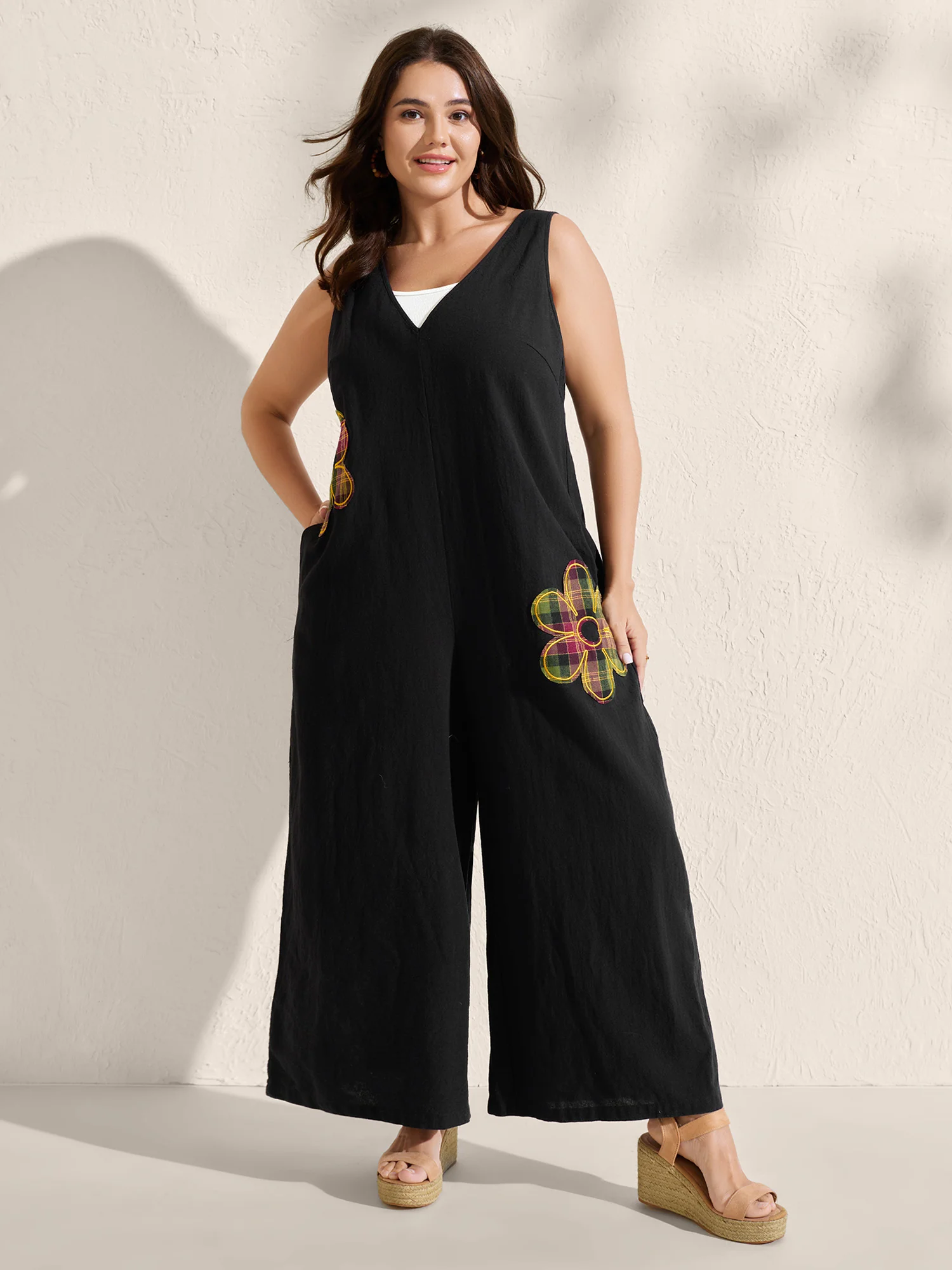 Pure Cotton Floral Embroidery Patchwork Jumpsuit