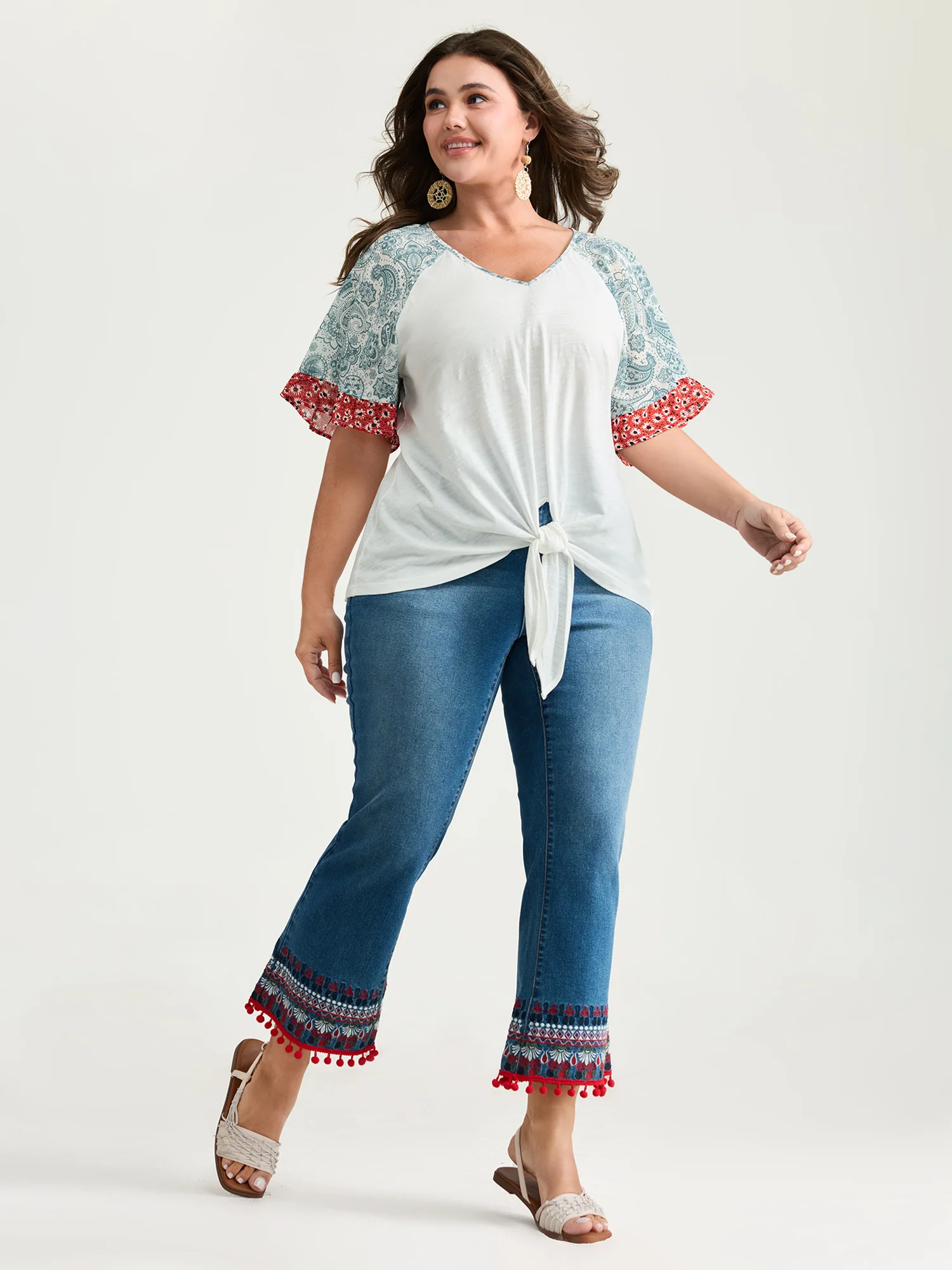 Pure Cotton Floral Sleeve Knotted T-Shirt - Image 3