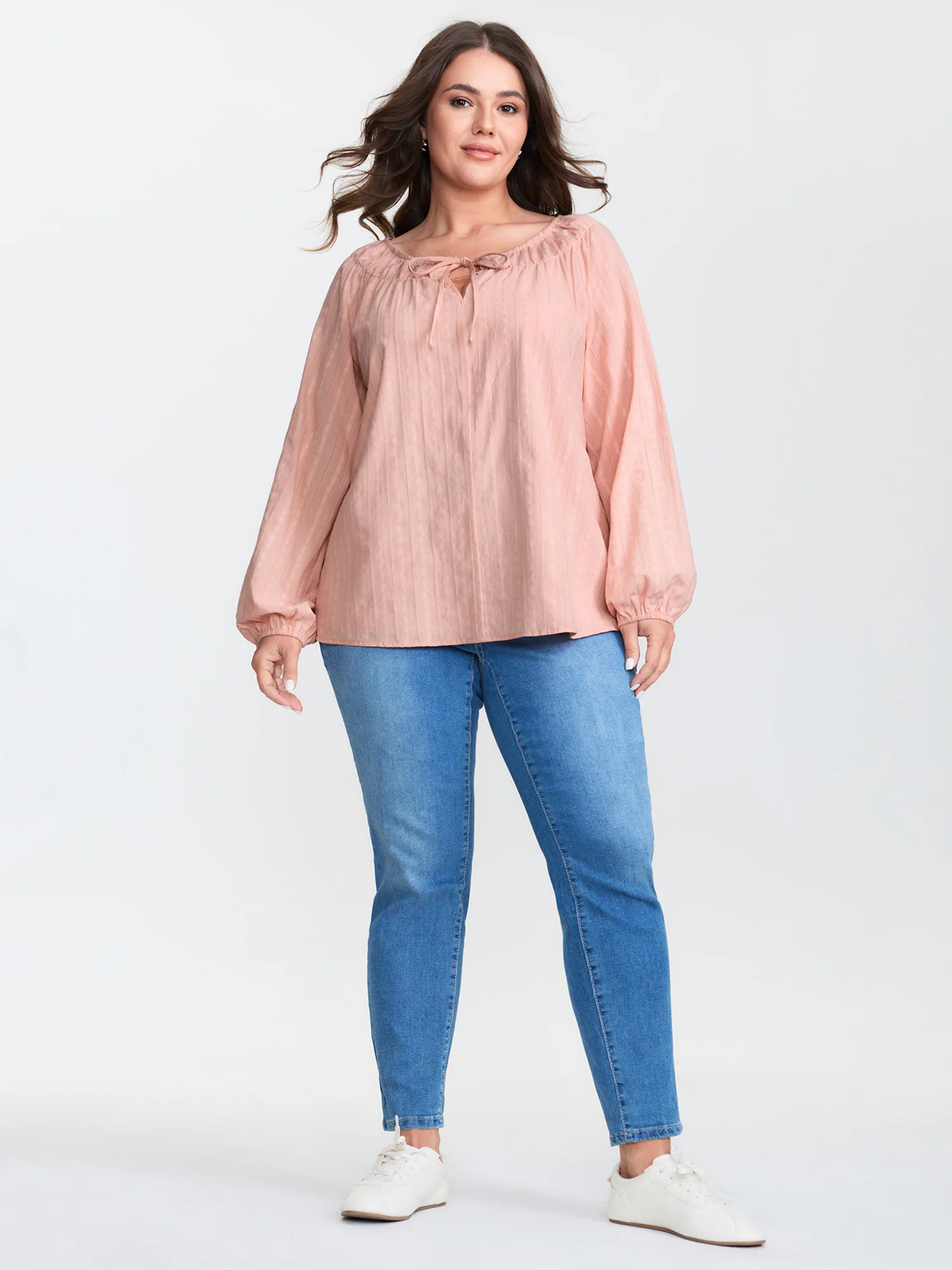 Pure Cotton Jacquard Neck-Tie Blouse - Image 3