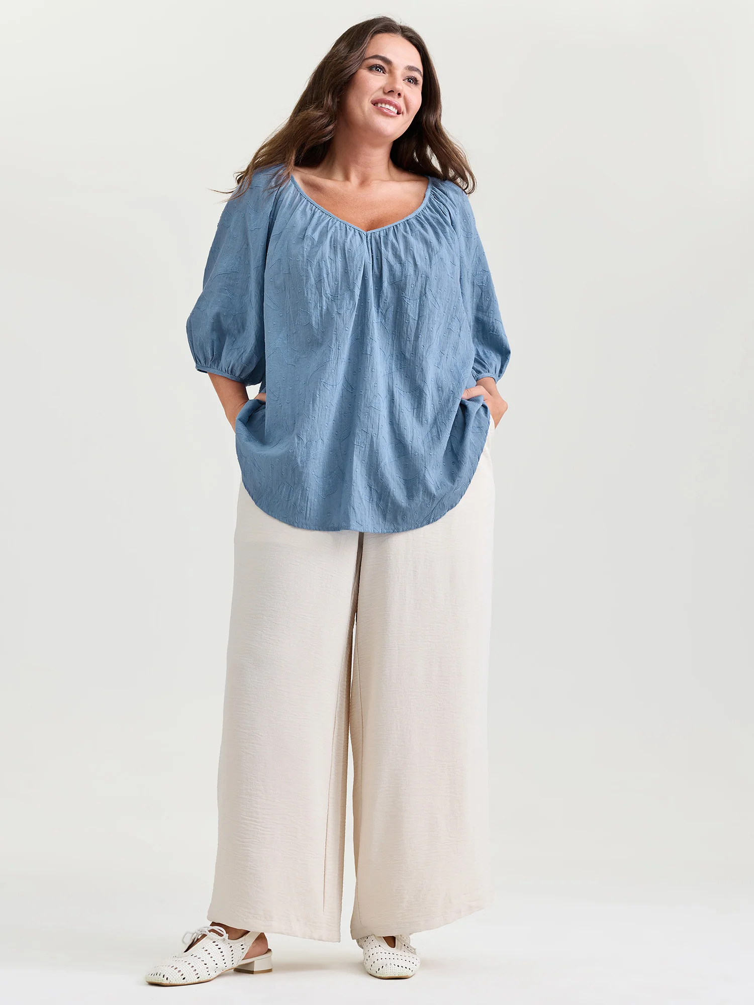 Pure Cotton Jacquard Pleated Blouse - Image 2