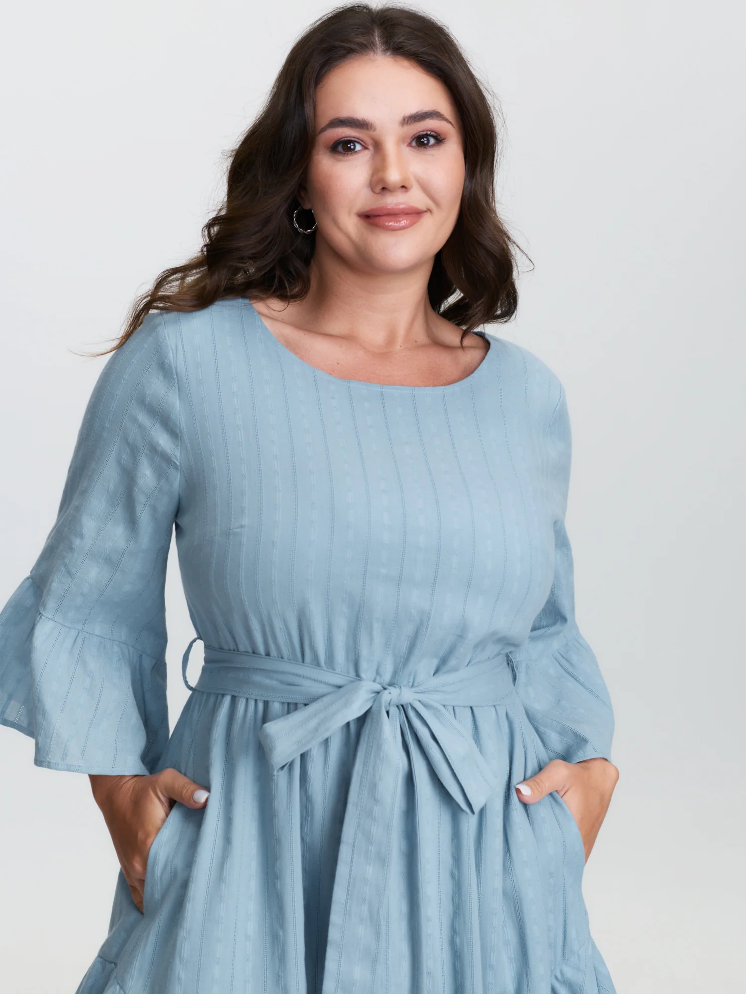 Pure Cotton Jacquard Textured Waist-Tie Midi Dress - Image 2