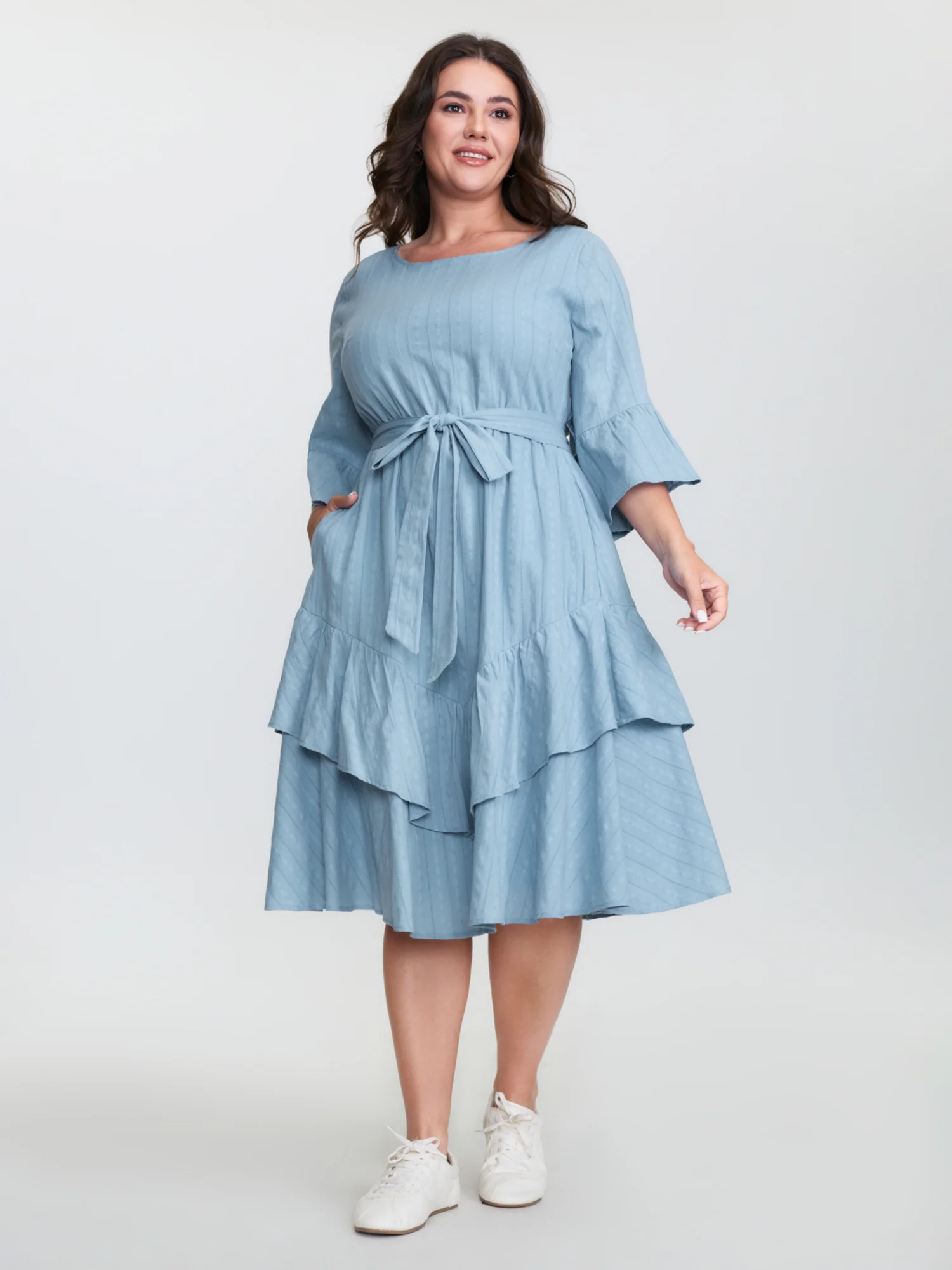 Pure Cotton Jacquard Textured Waist-Tie Midi Dress - Image 3