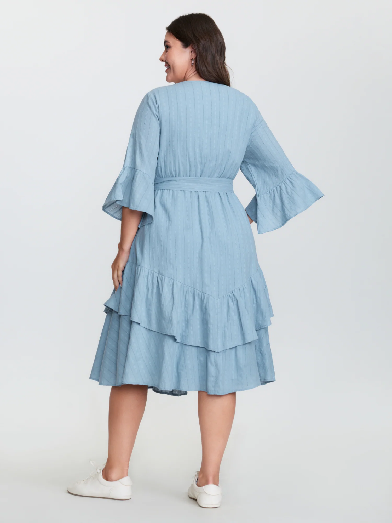 Pure Cotton Jacquard Textured Waist-Tie Midi Dress - Image 4