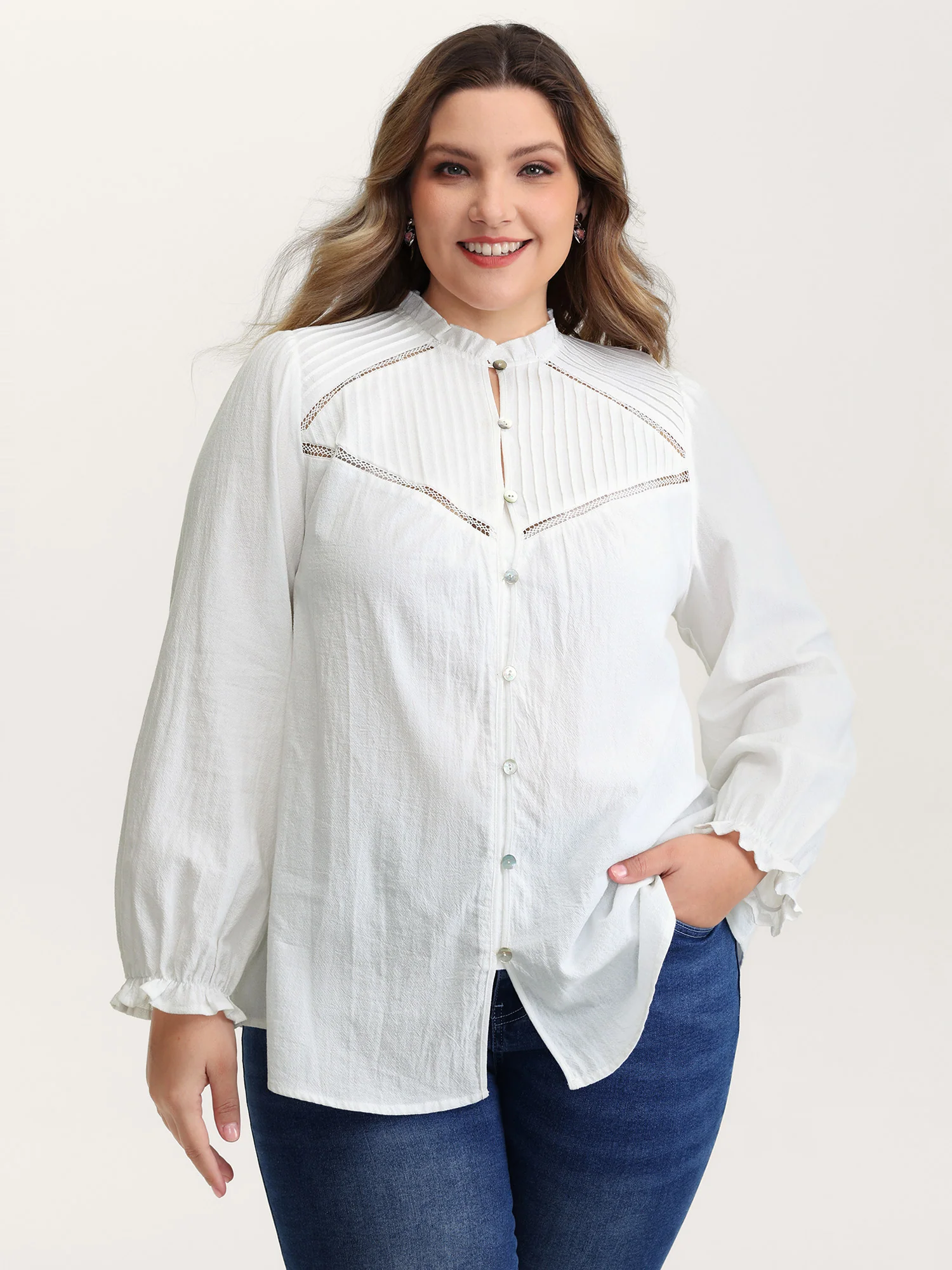 Pure Cotton Lace Trim Button Blouse - Image 2