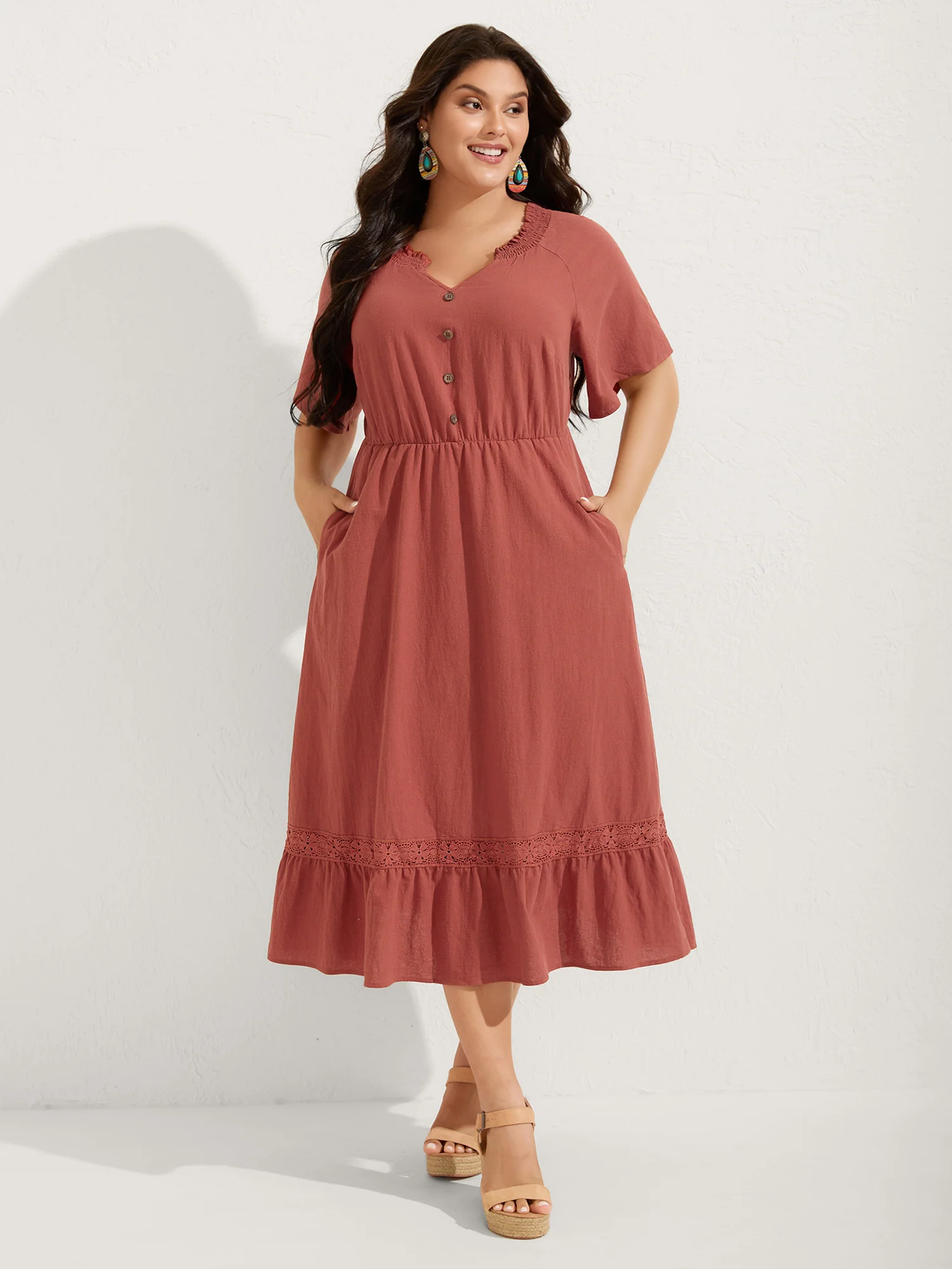 Pure Cotton Lace Trim Pockets Midi Dress - Image 3