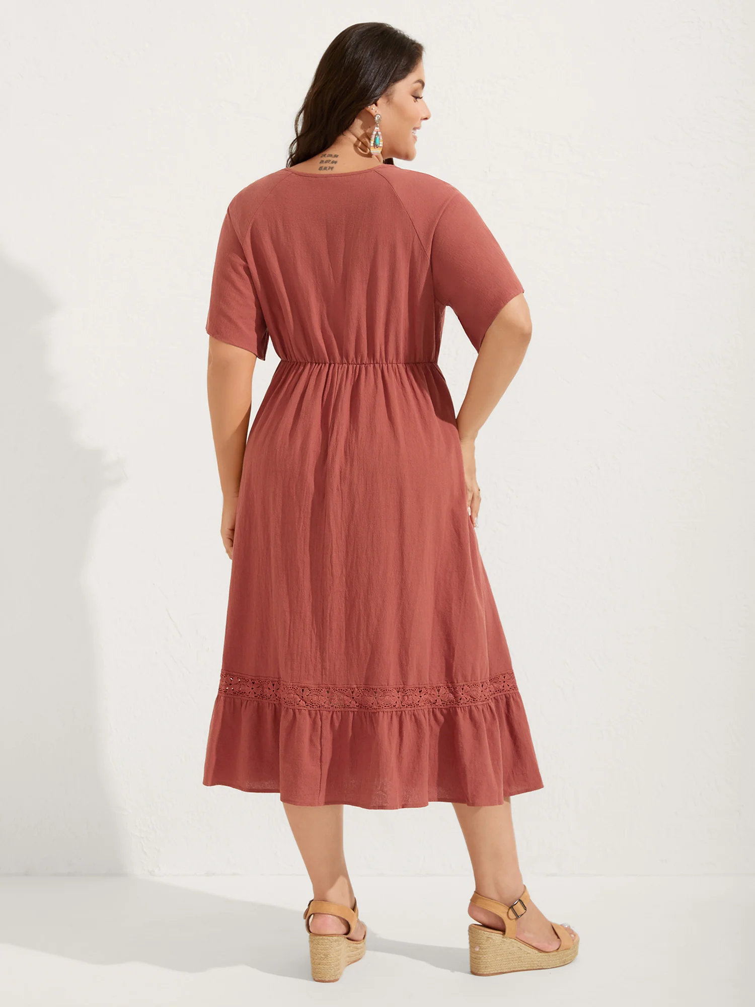 Pure Cotton Lace Trim Pockets Midi Dress - Image 4