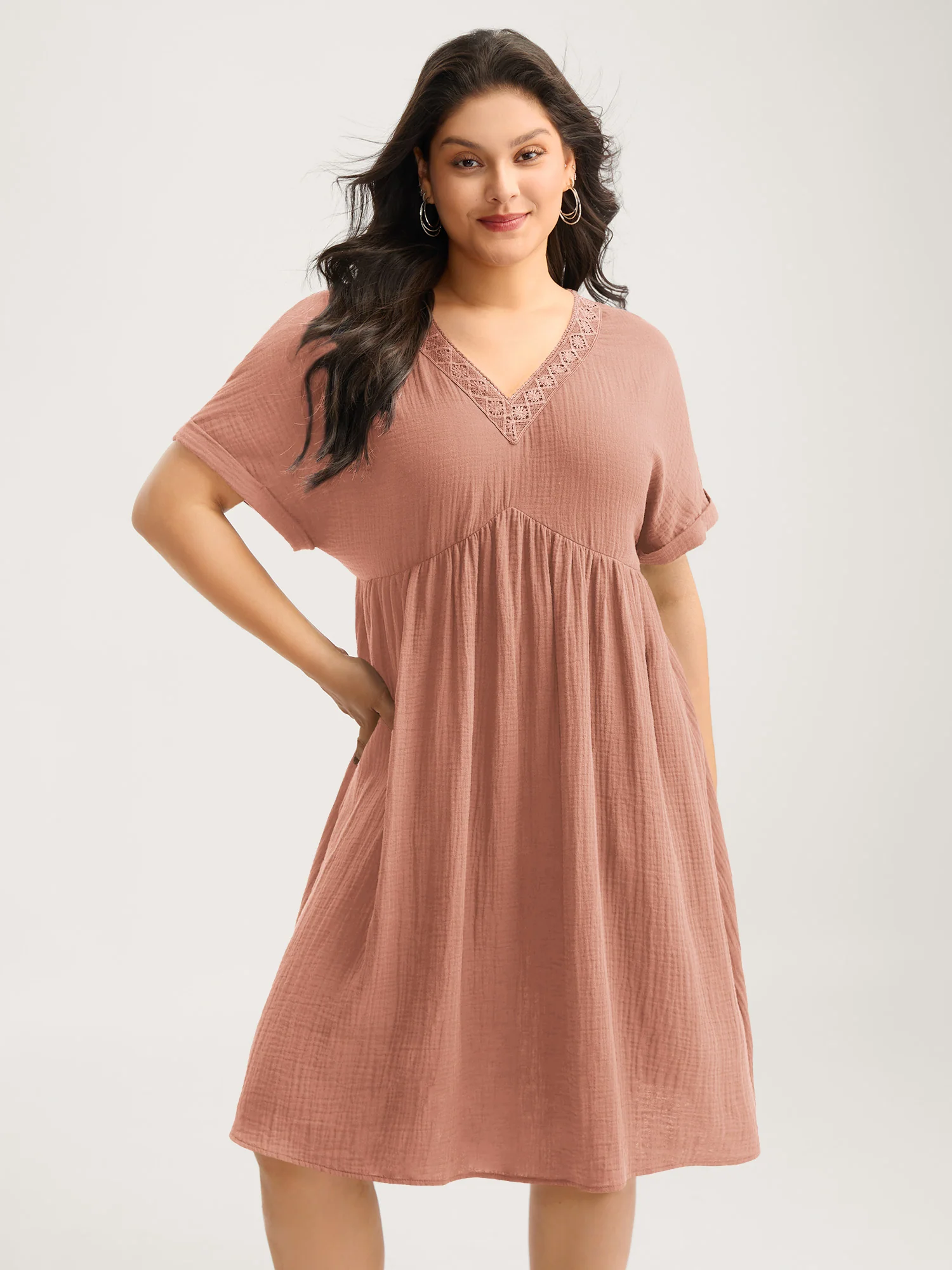 Pure Cotton Lace V-Neck Solid Mini Dress - Image 12