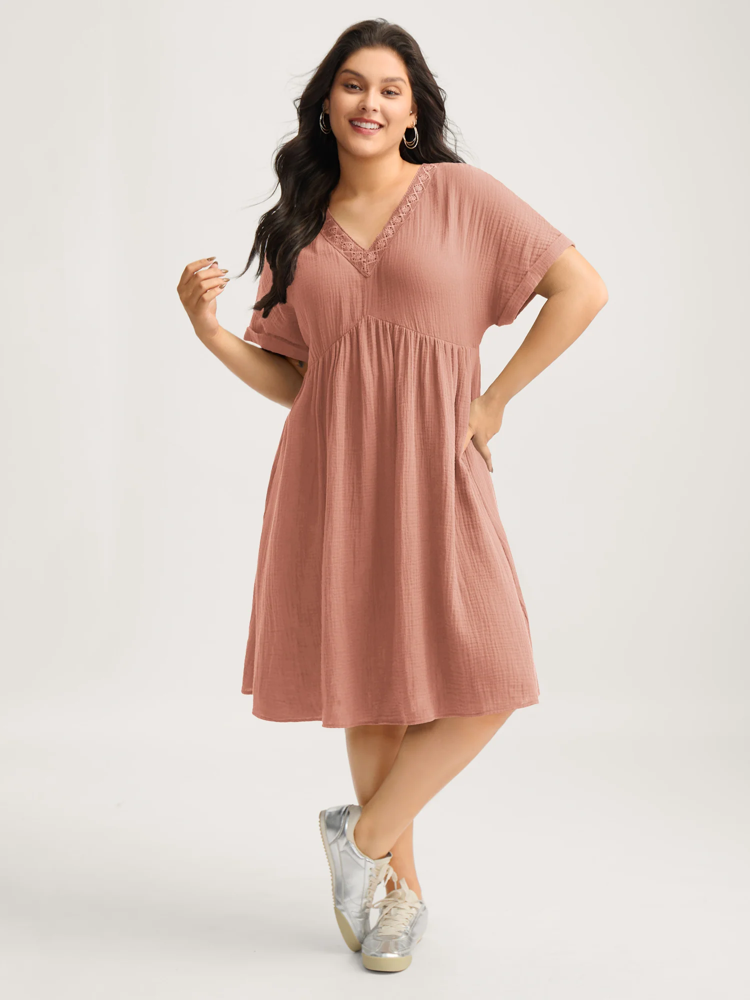 Pure Cotton Lace V-Neck Solid Mini Dress - Image 14