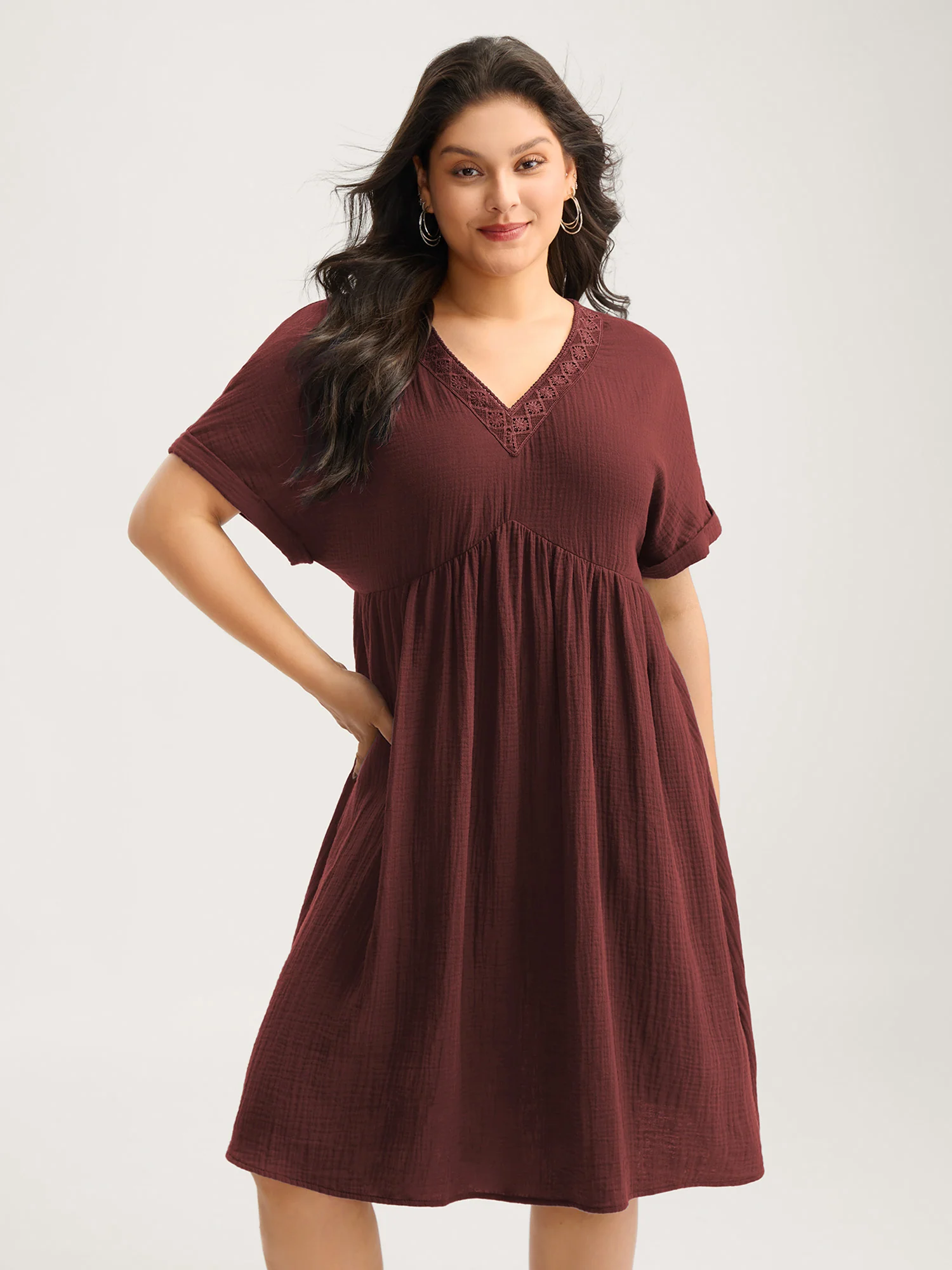 Pure Cotton Lace V-Neck Solid Mini Dress - Image 16