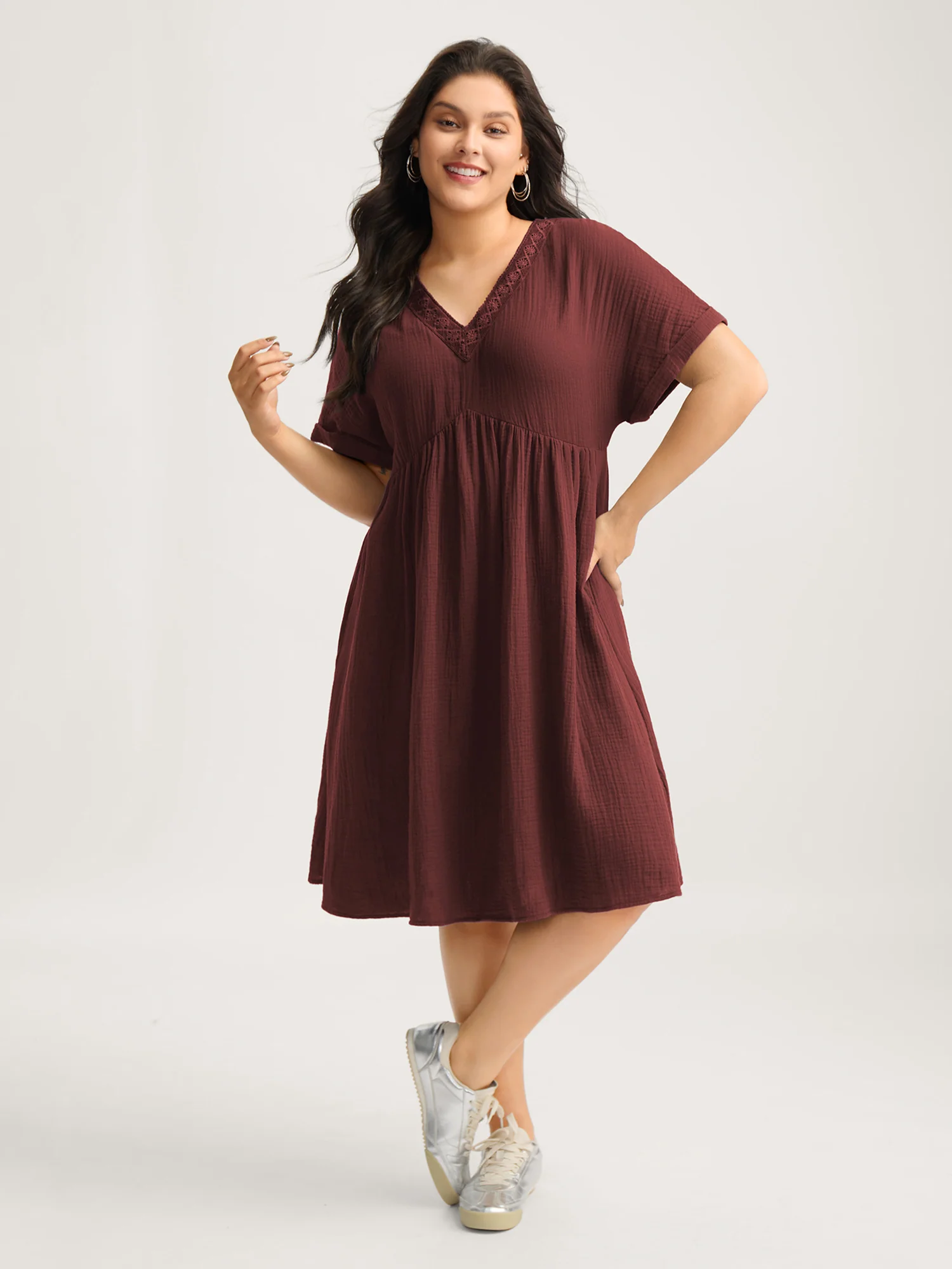 Pure Cotton Lace V-Neck Solid Mini Dress - Image 18