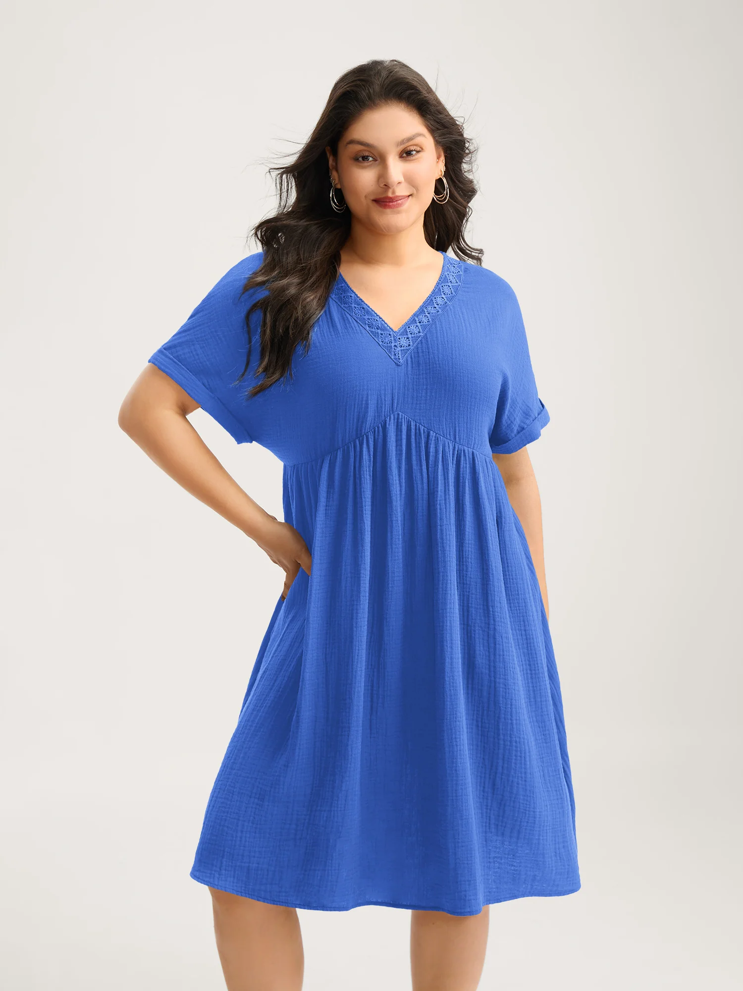Pure Cotton Lace V-Neck Solid Mini Dress - Image 20