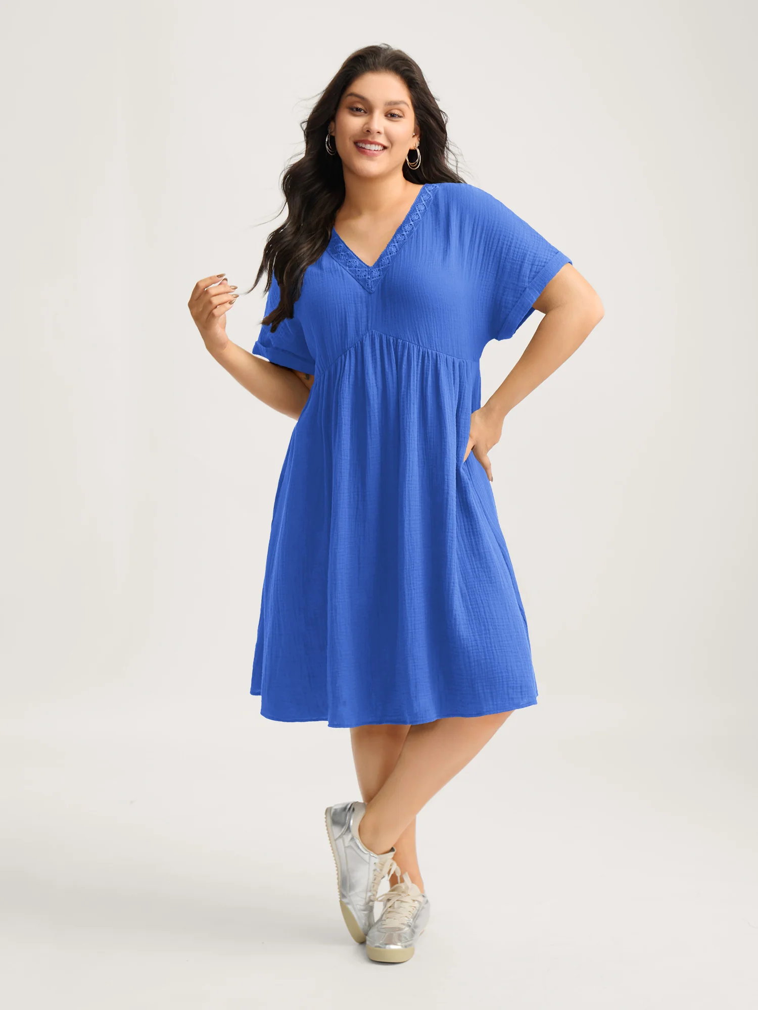 Pure Cotton Lace V-Neck Solid Mini Dress - Image 22