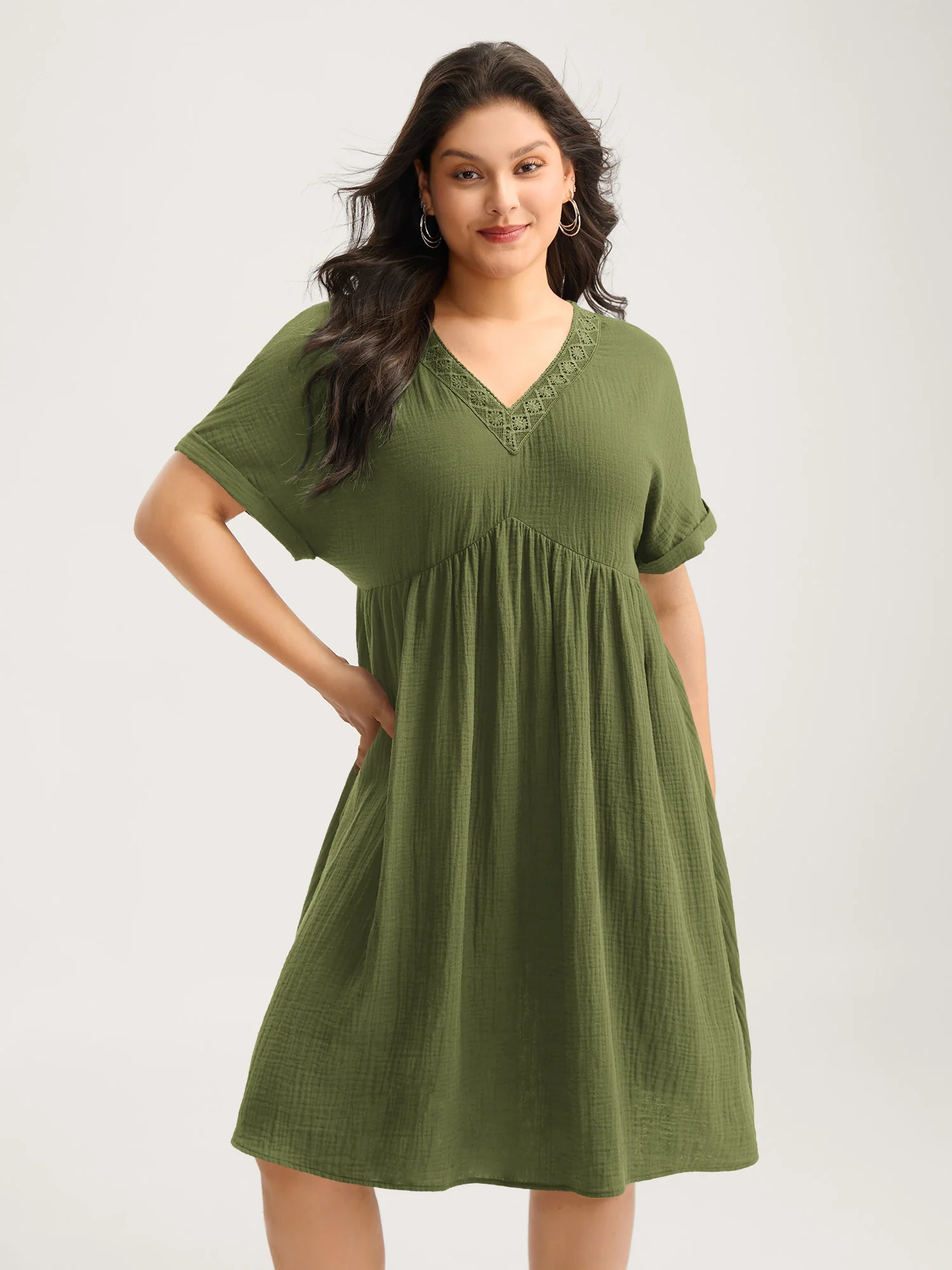 Pure Cotton Lace V-Neck Solid Mini Dress - Image 24