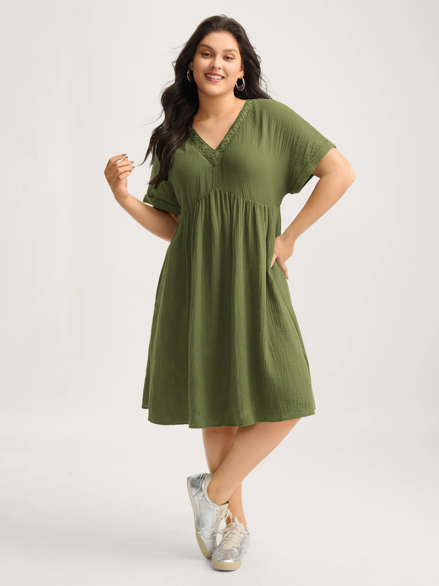 Pure Cotton Lace V-Neck Solid Mini Dress - Image 26