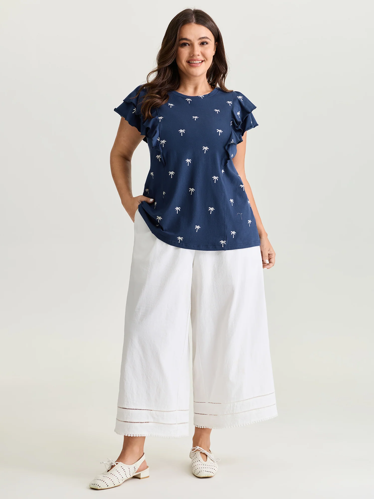 Pure Cotton Layered Flutter Sleeve Knit Top - Image 3