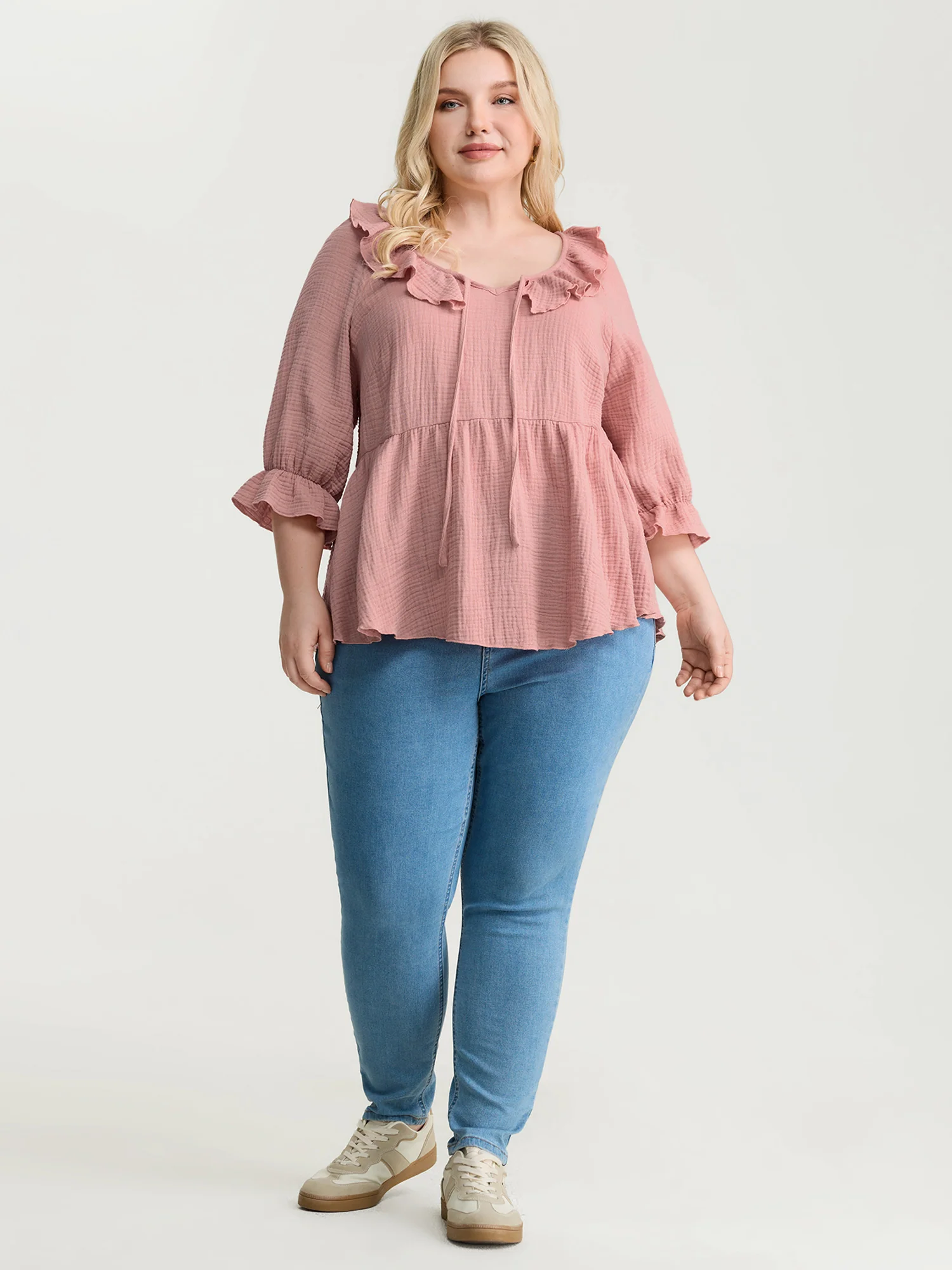 Pure Cotton Lotus Leaf Neckline Plain Blouse - Image 3