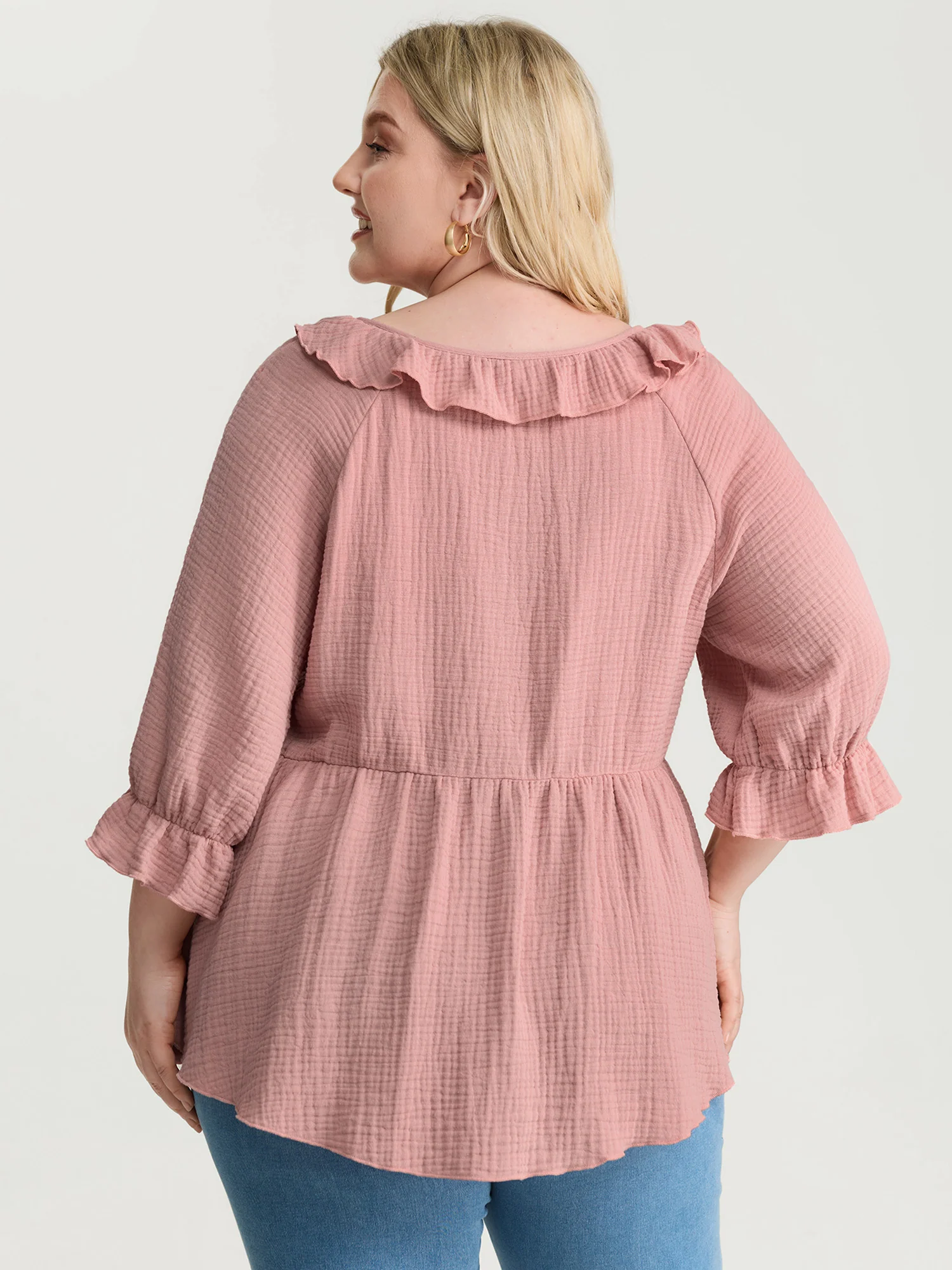 Pure Cotton Lotus Leaf Neckline Plain Blouse - Image 4