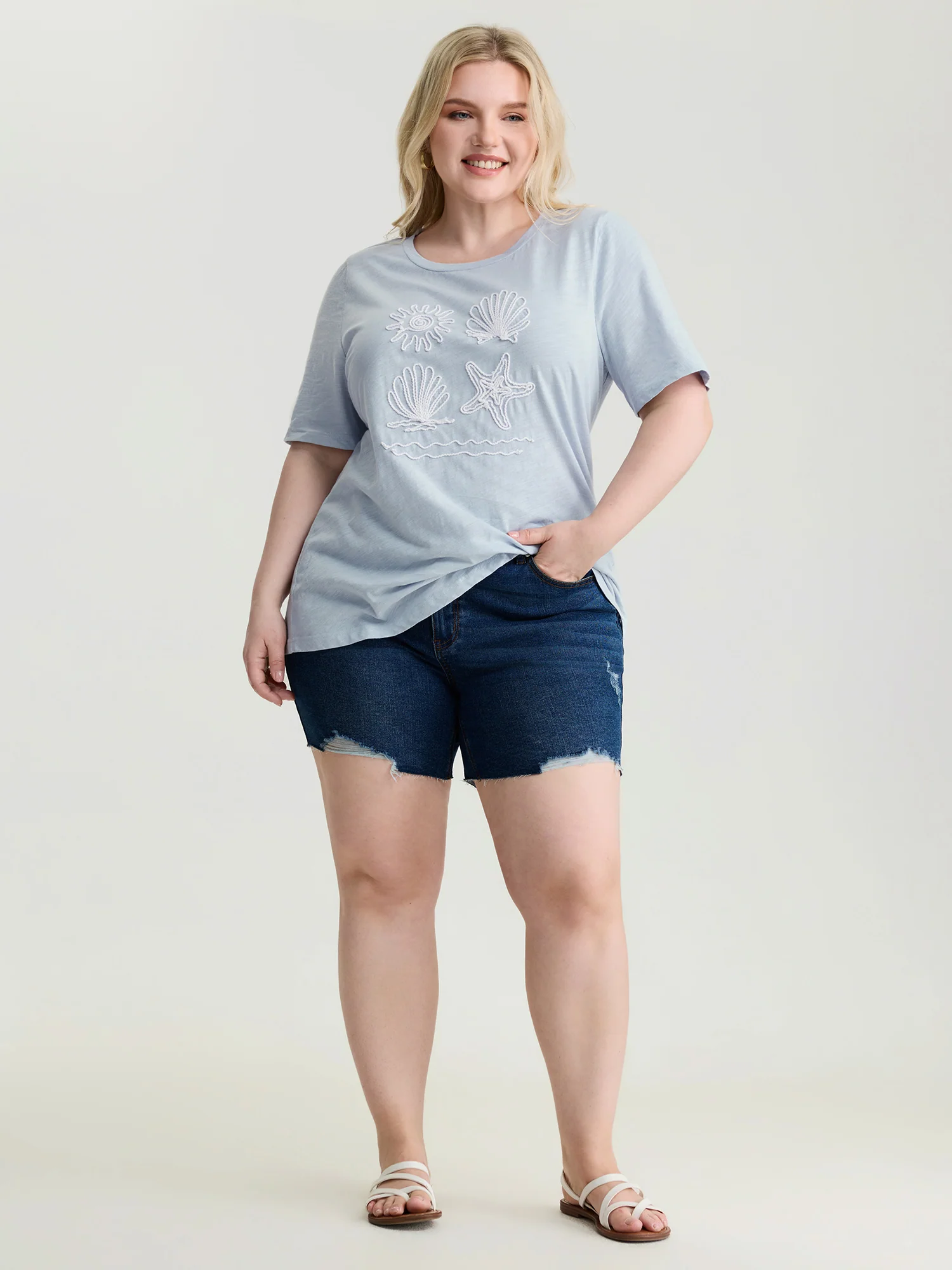 Pure Cotton Ocean Embroidered Stretchy T-Shirt - Image 3