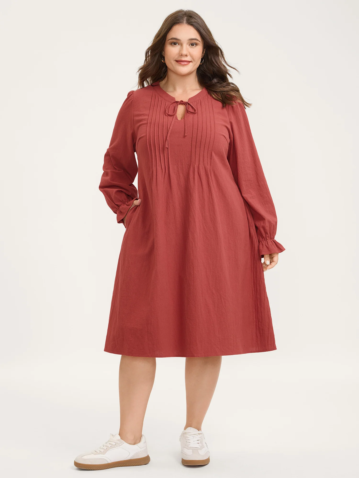 Pure Cotton Pleated Pockets Midi Dress - Image 3