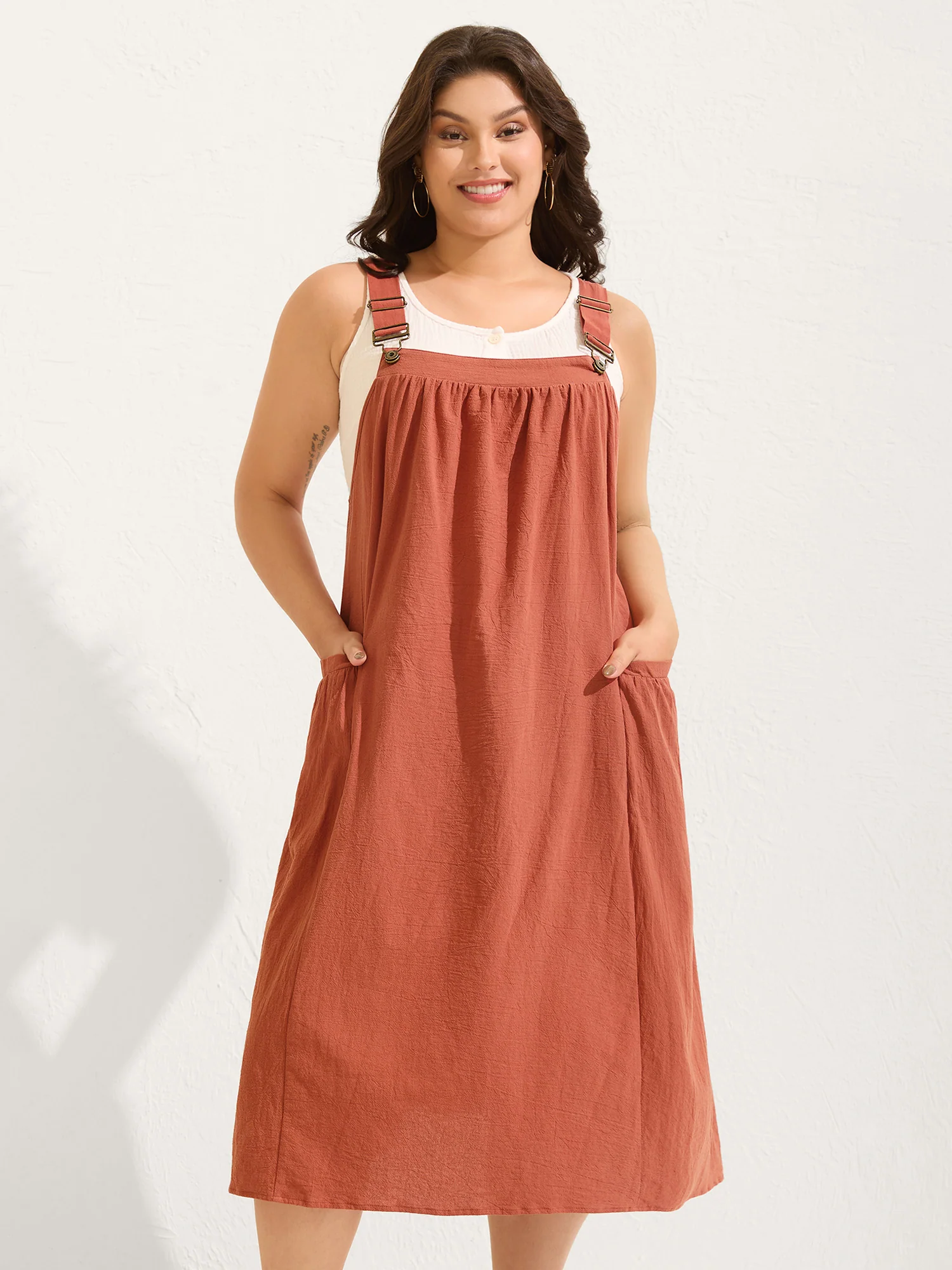 Pure Cotton Pleated Pockets Midi Dress - Image 20