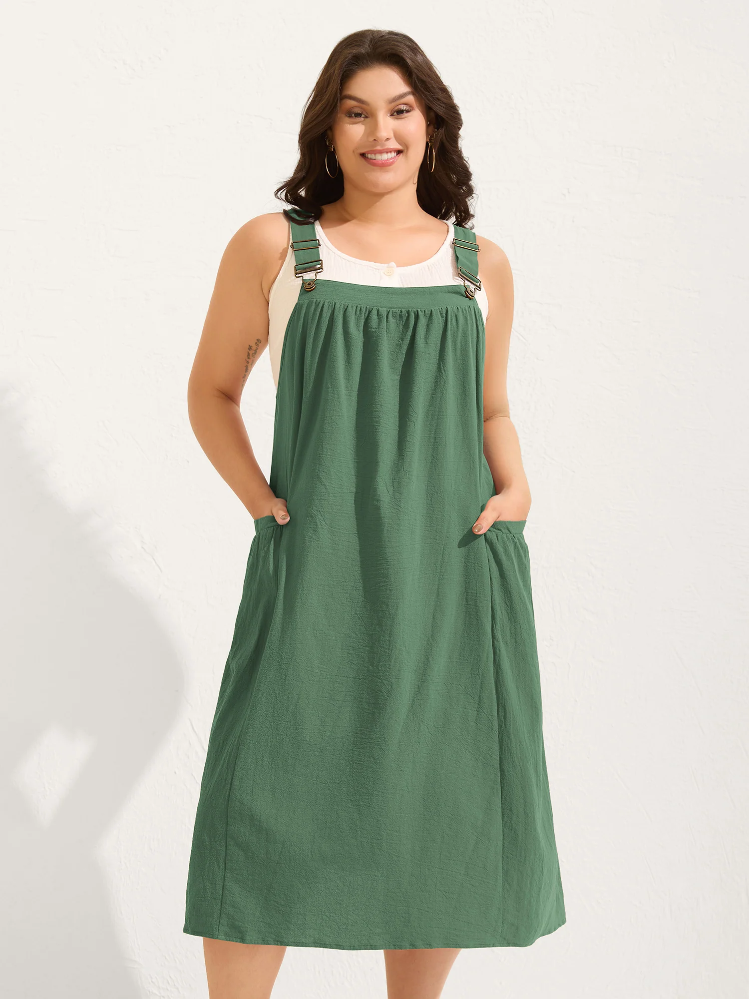 Pure Cotton Pleated Pockets Midi Dress - Image 28
