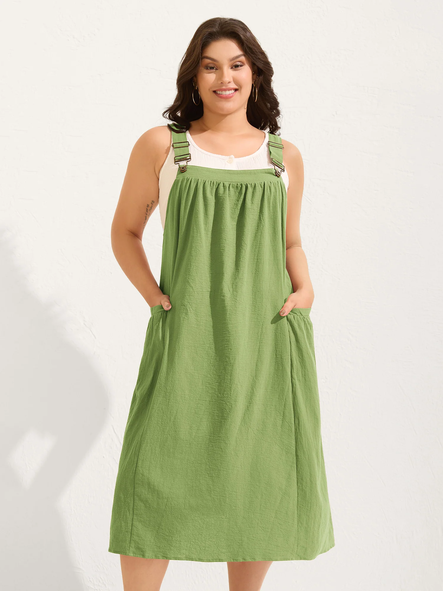 Pure Cotton Pleated Pockets Midi Dress - Image 35