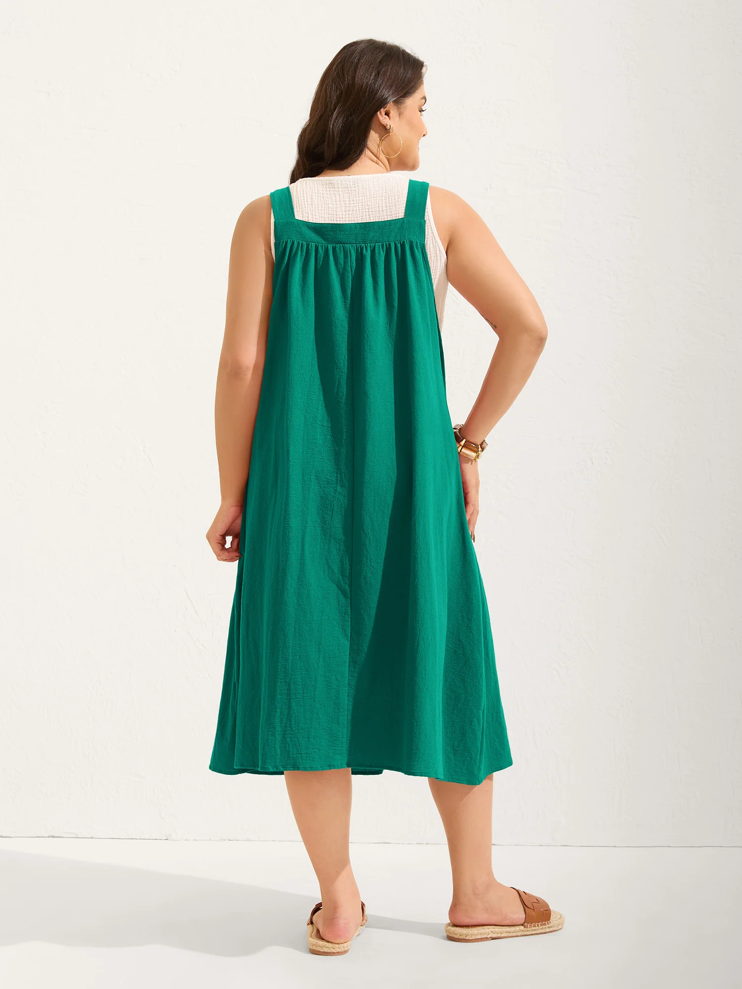 Pure Cotton Pleated Pockets Midi Dress - Image 46