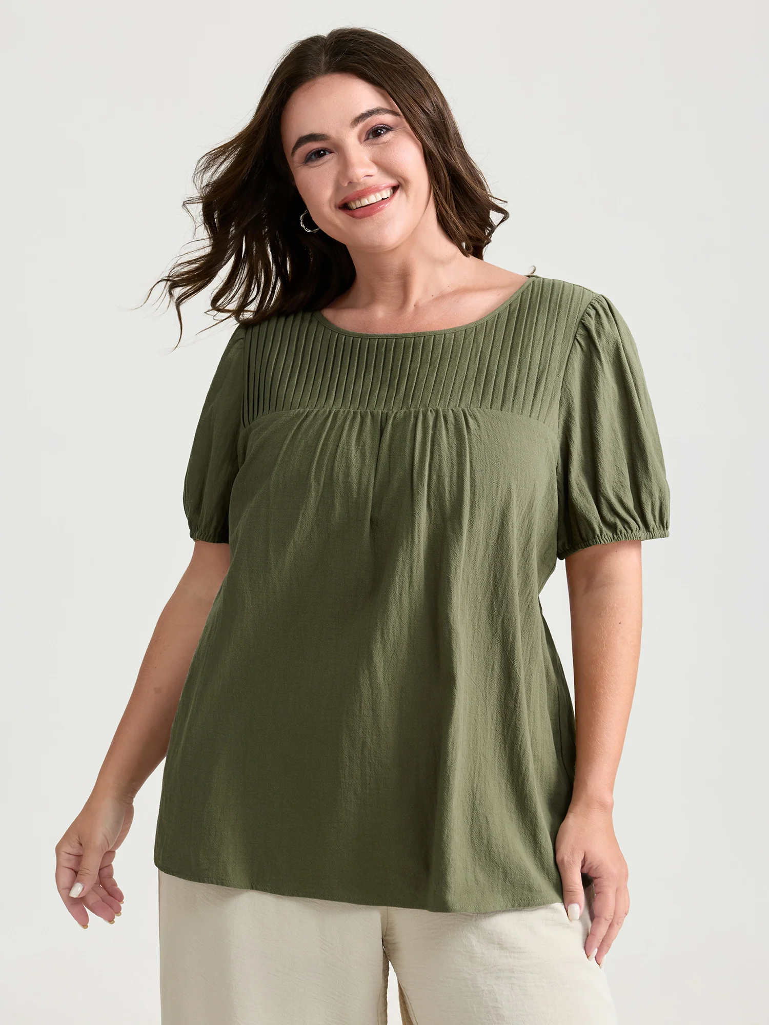 Pure Cotton Pleated Puffy Sleeve Blouse - Image 3