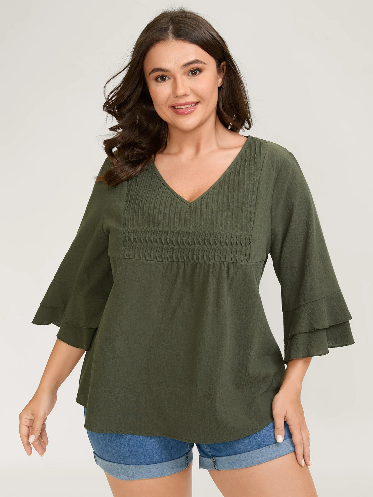 Pure Cotton Pleated V-Neck Blouse