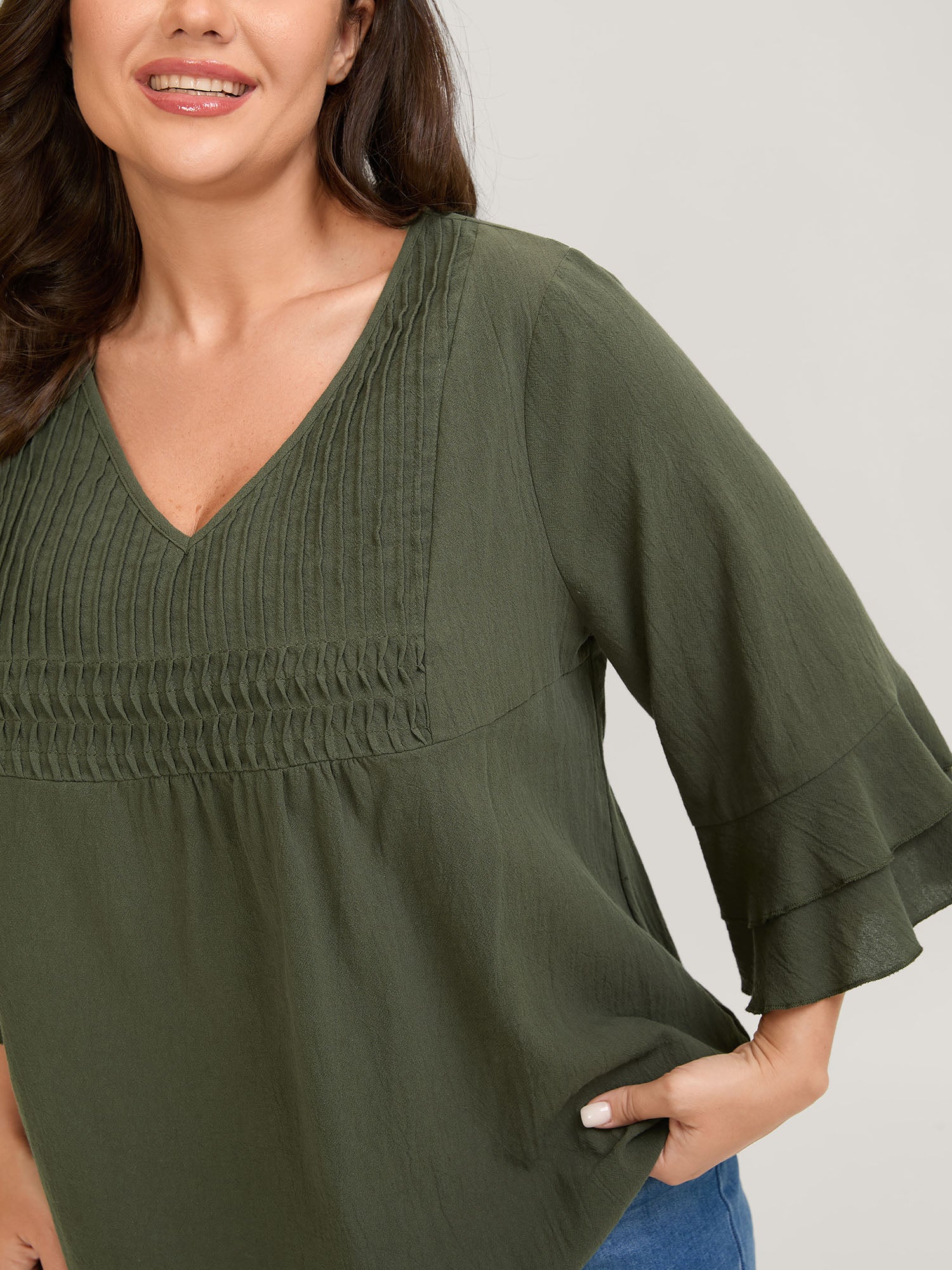 Pure Cotton Pleated V-Neck Blouse - Image 2