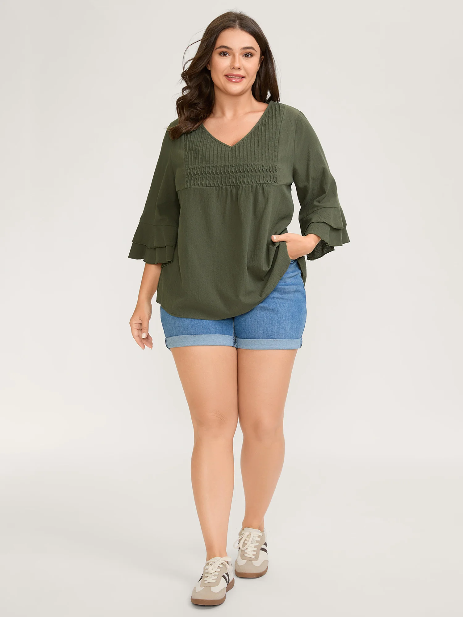 Pure Cotton Pleated V-Neck Blouse - Image 3