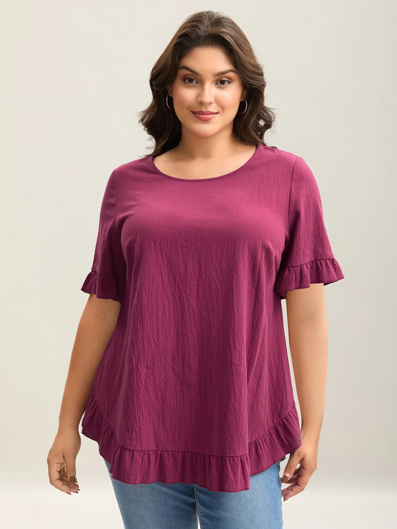Pure Cotton Ruffled Curved Hem Blouse
