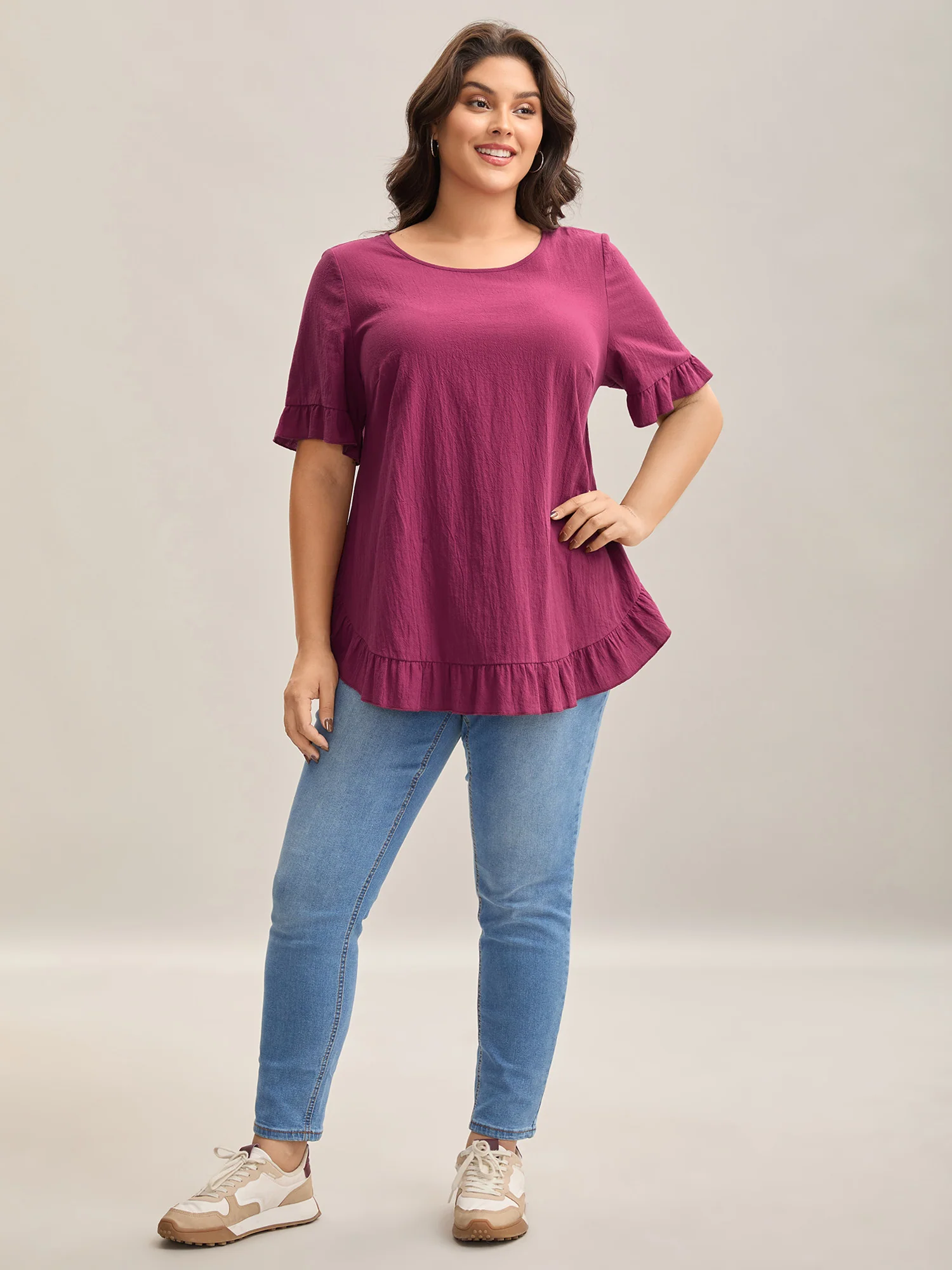 Pure Cotton Ruffled Curved Hem Blouse - Image 3