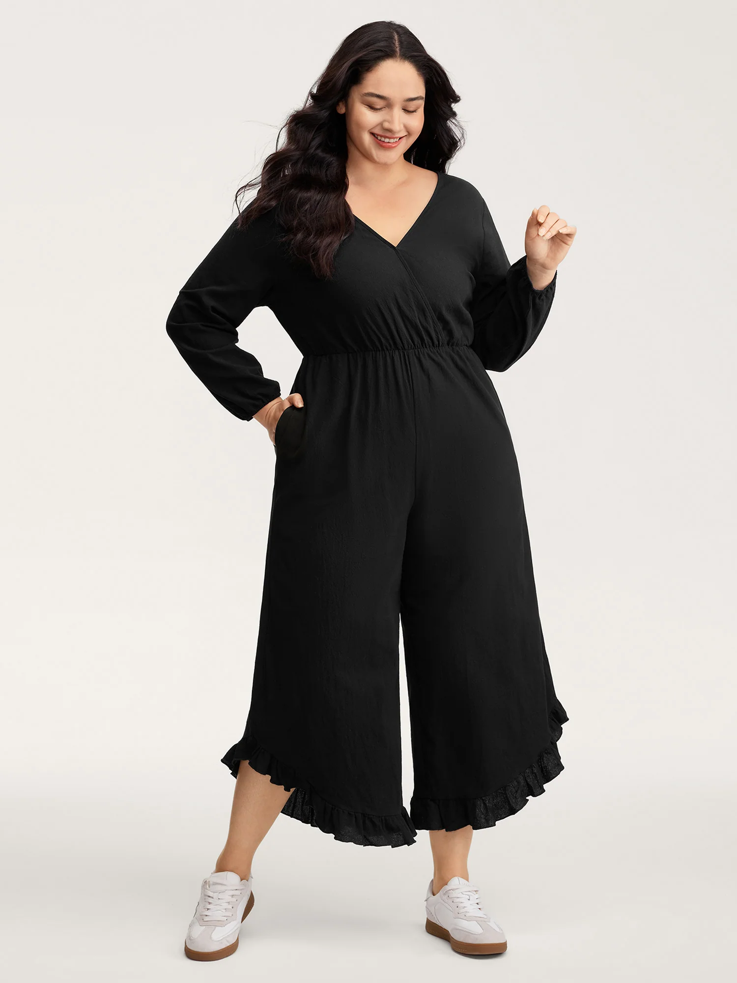 Pure Cotton Ruffled Hem Pockets Jumpsuit