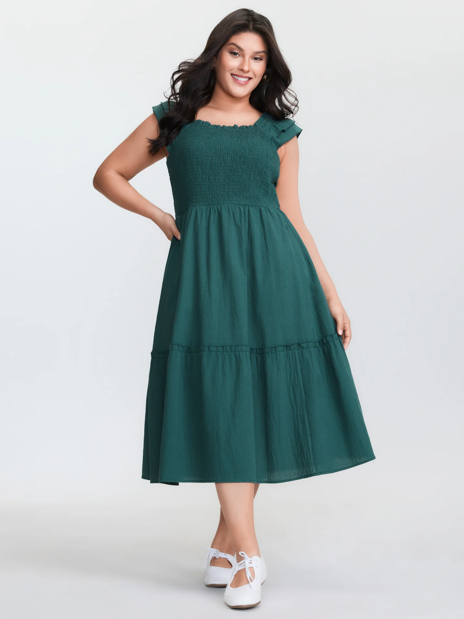 Pure Cotton Shirred Bodice Midi Dress - Image 2
