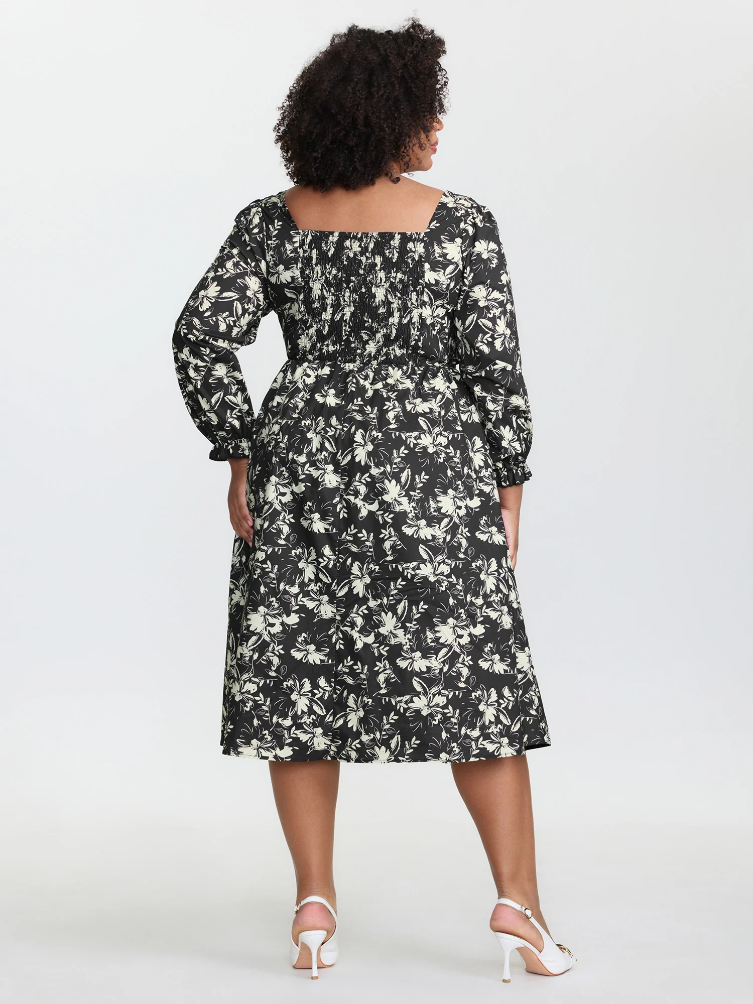 Pure Cotton Shirred Waist Silhouette Flower Midi Dress - Image 4