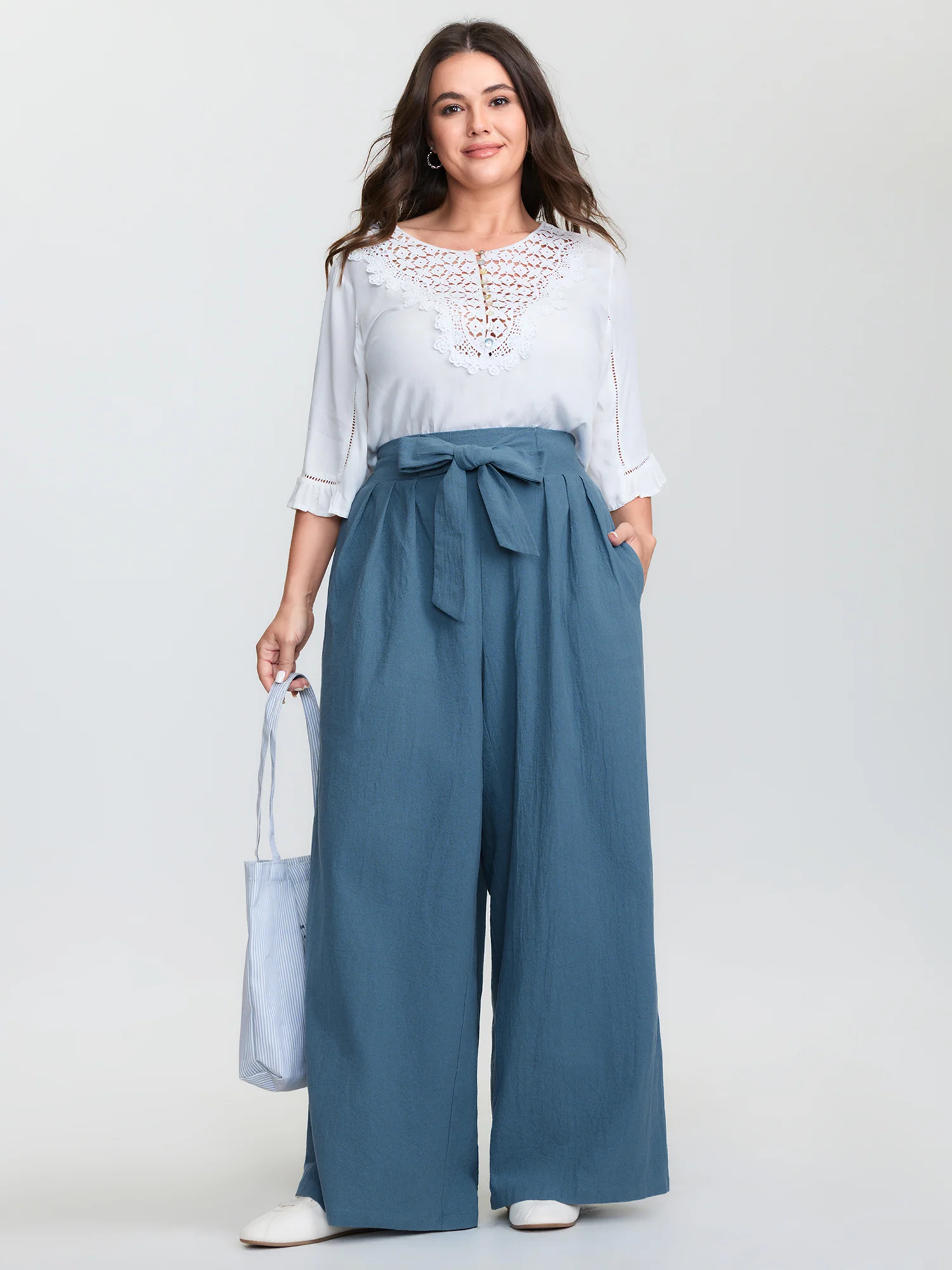 Pure Cotton Shirred Wide-Waistband Pants - Image 2