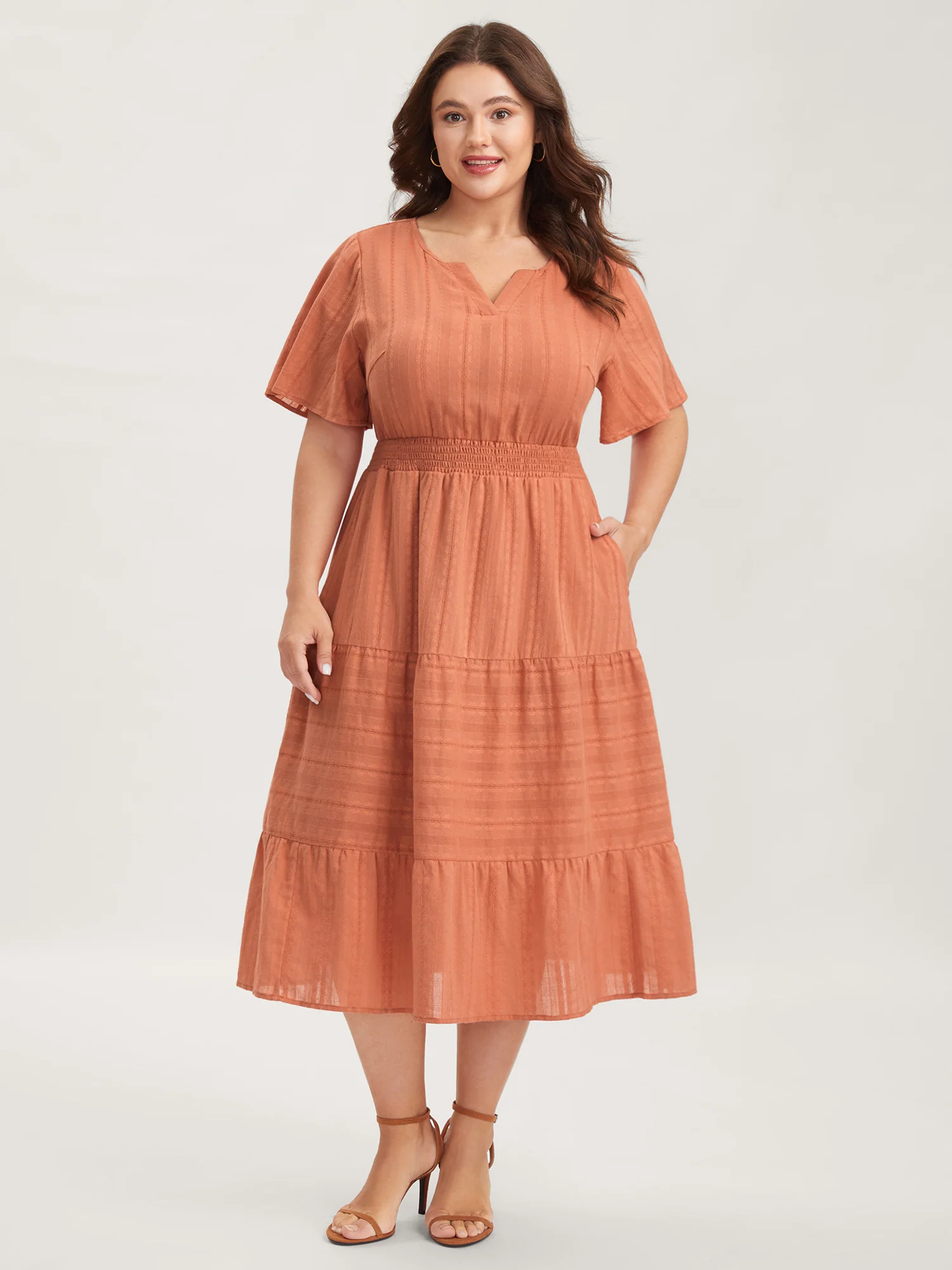 Pure Cotton Solid Textured Shirred Midi Dress