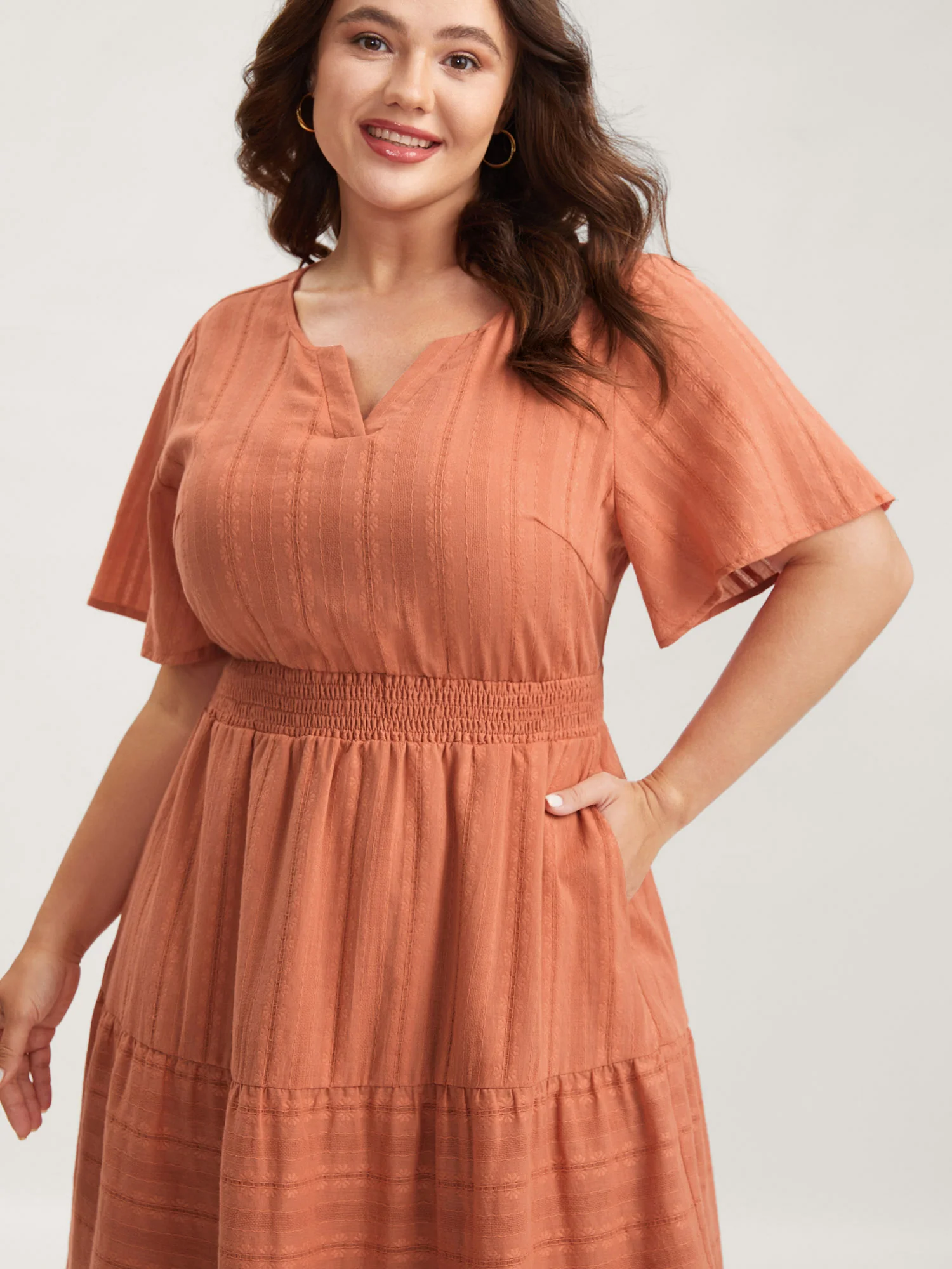 Pure Cotton Solid Textured Shirred Midi Dress - Image 2