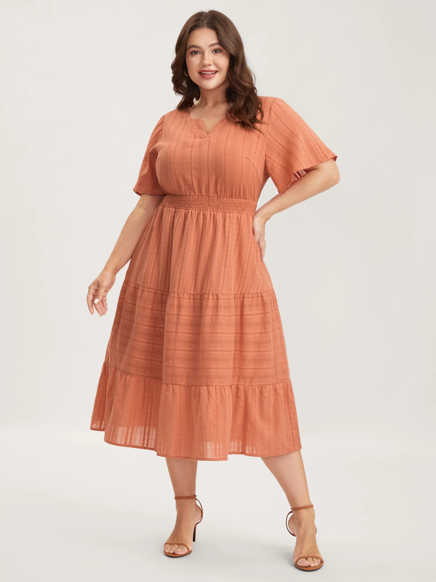 Pure Cotton Solid Textured Shirred Midi Dress - Image 3