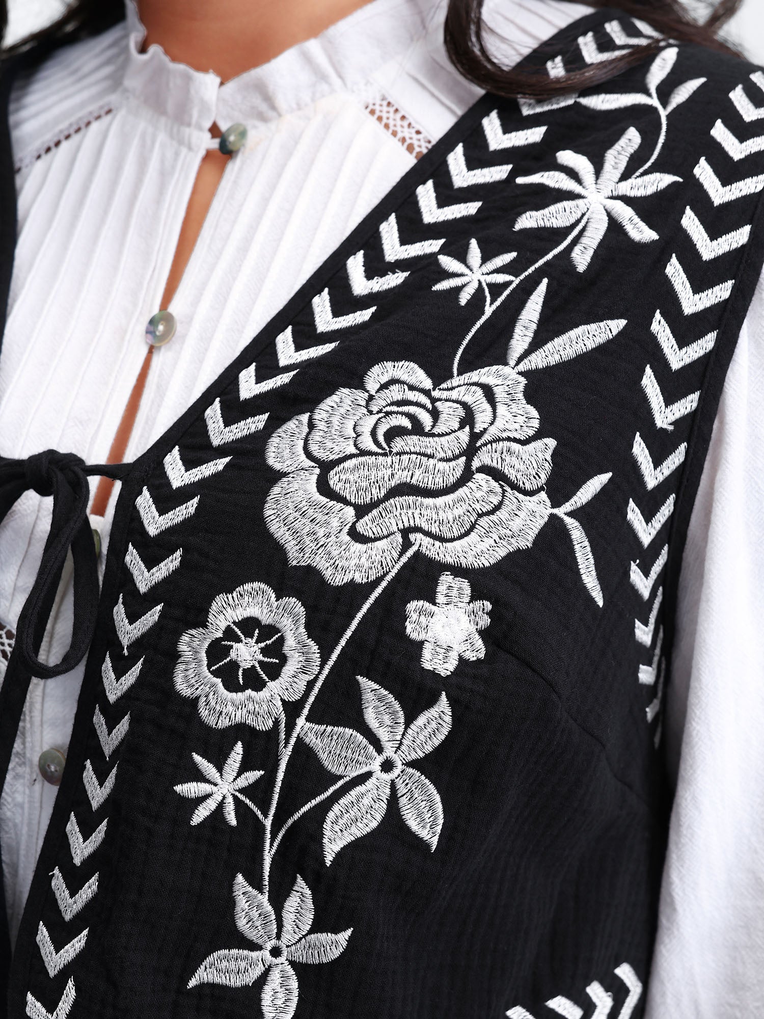 Pure Cotton Textured Embroidered Tie Vest - Image 2