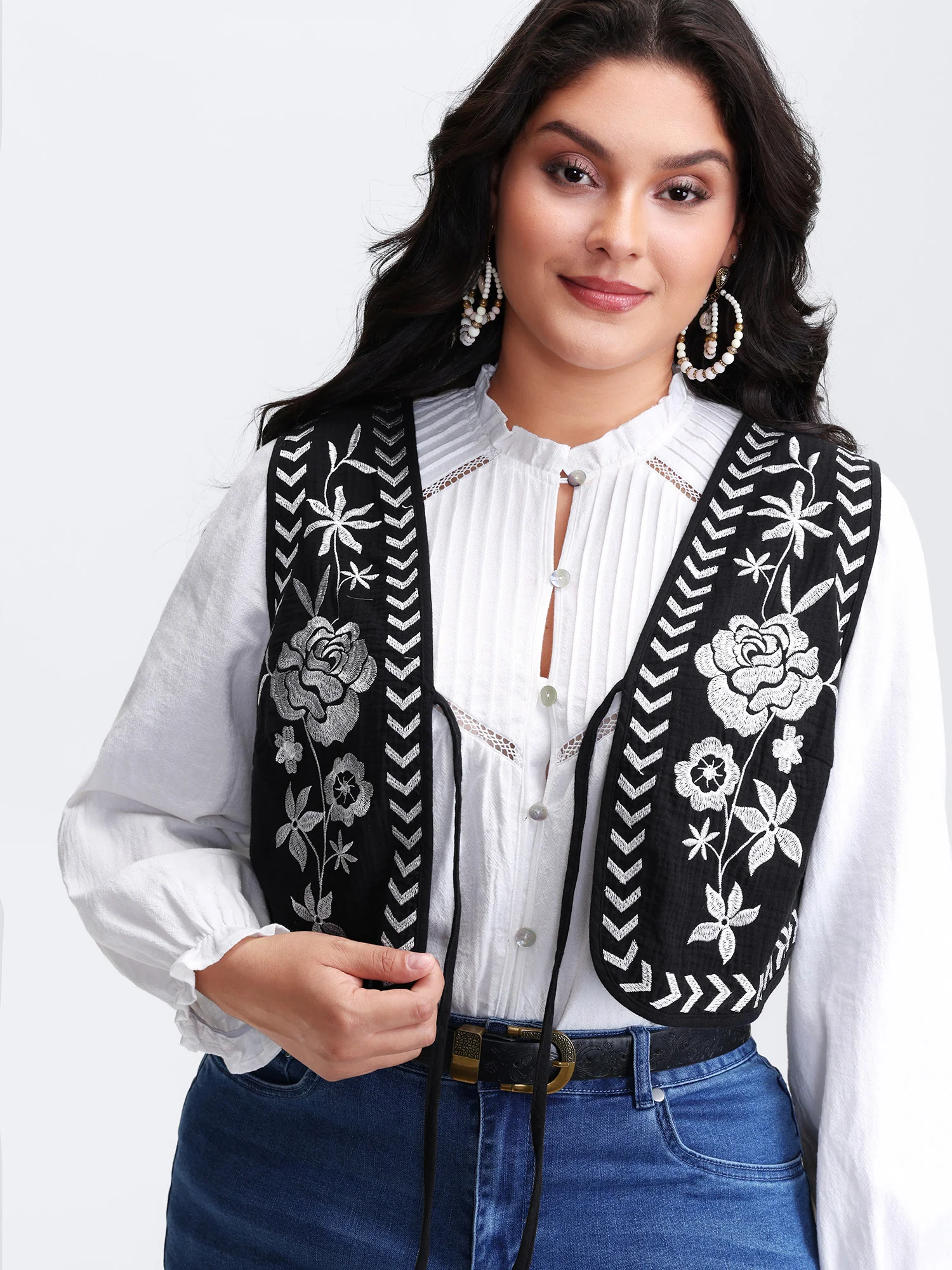 Pure Cotton Textured Embroidered Tie Vest - Image 4