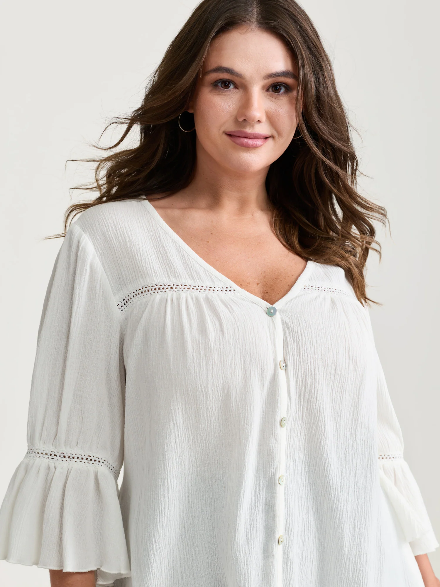 Pure Cotton Textured Lace Trim Button-Front Shirt - Image 2