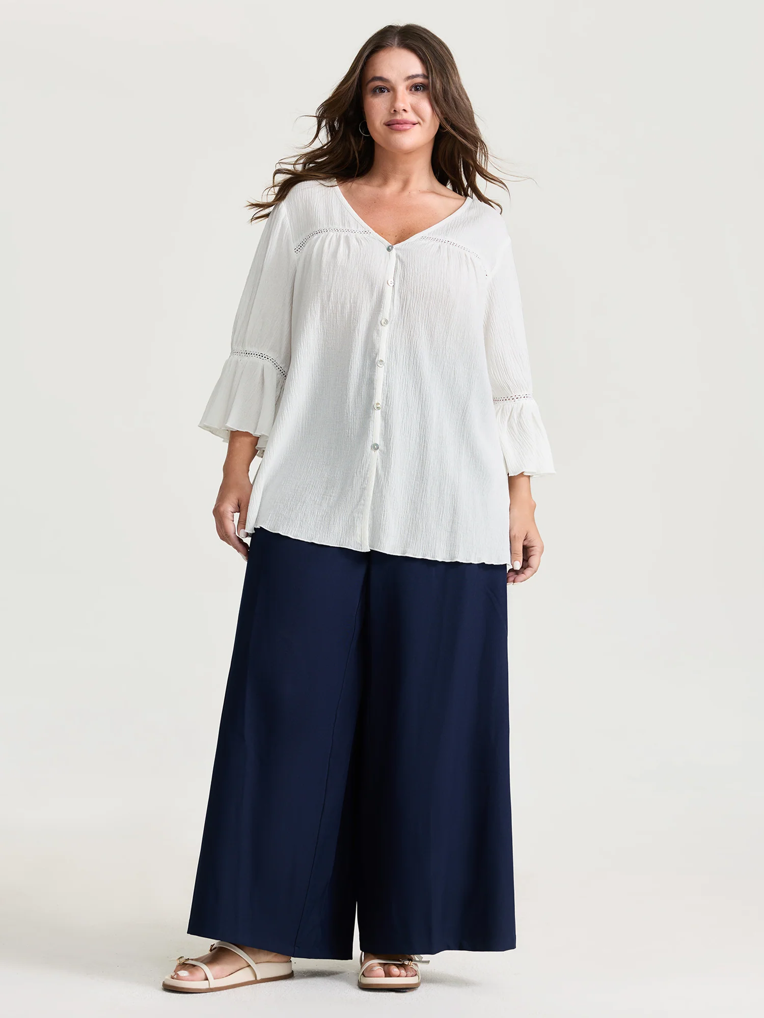 Pure Cotton Textured Lace Trim Button-Front Shirt - Image 3