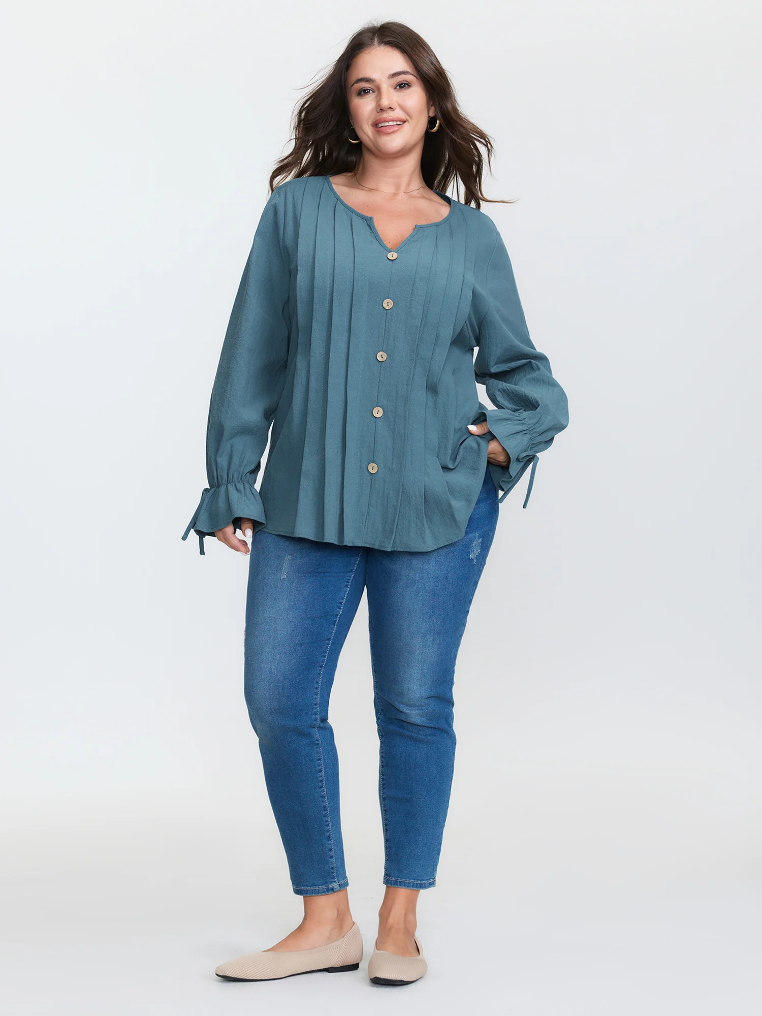 Pure Cotton Toothpick Pleat Tie Blouse - Image 2